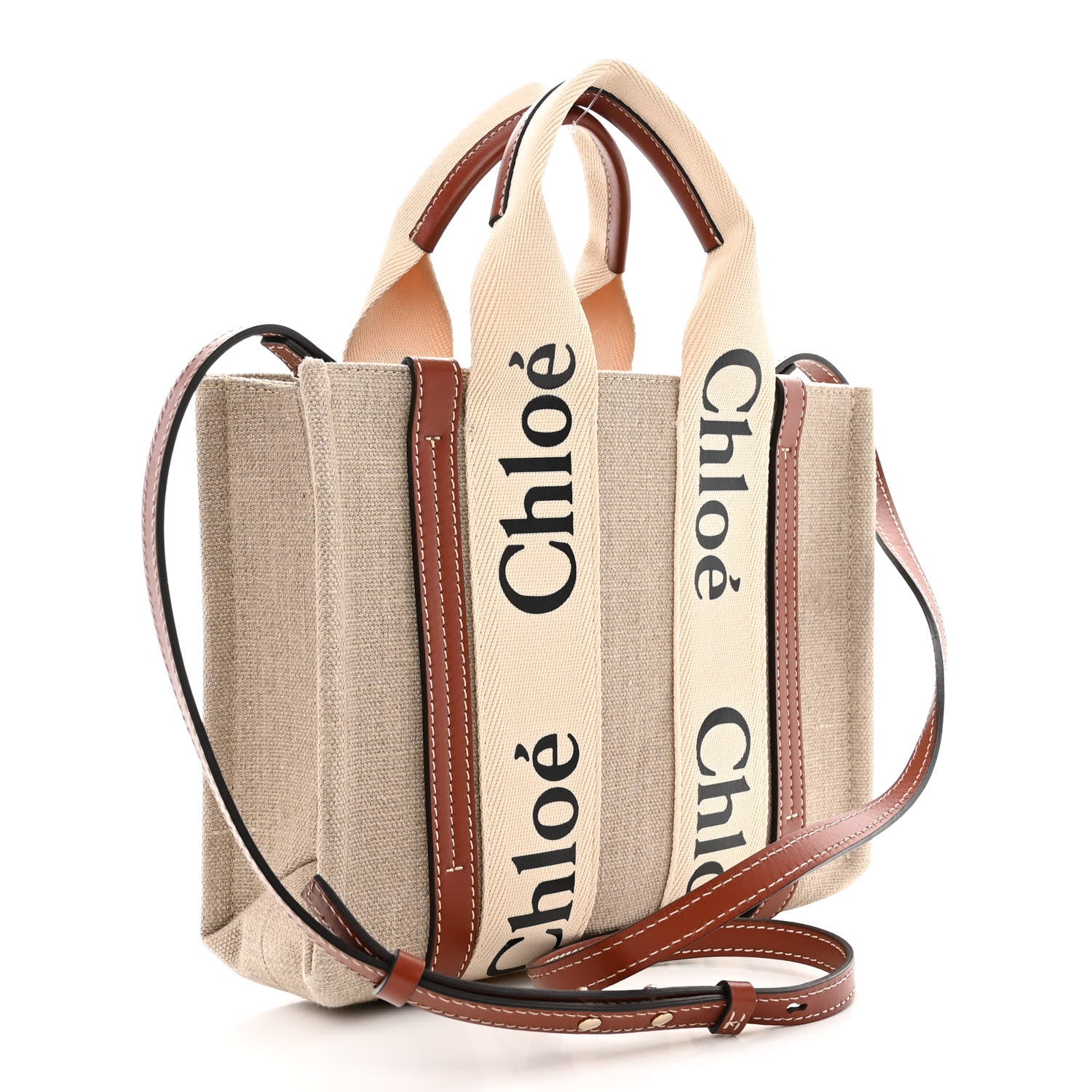 Chloe Linen Calfskin Small Woody Ribbon Tote With Strap White Brown 3 of 10