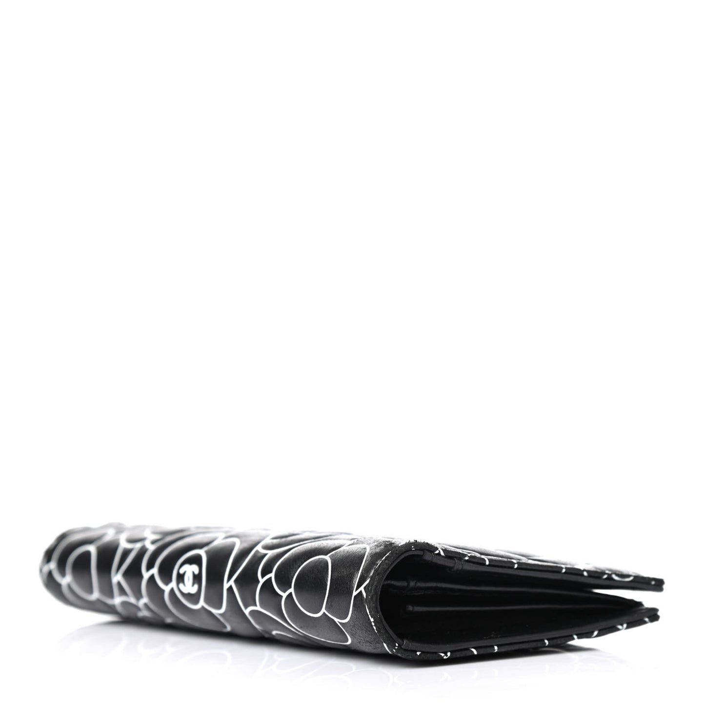 Lambskin Camellia Embossed Yen Wallet Black