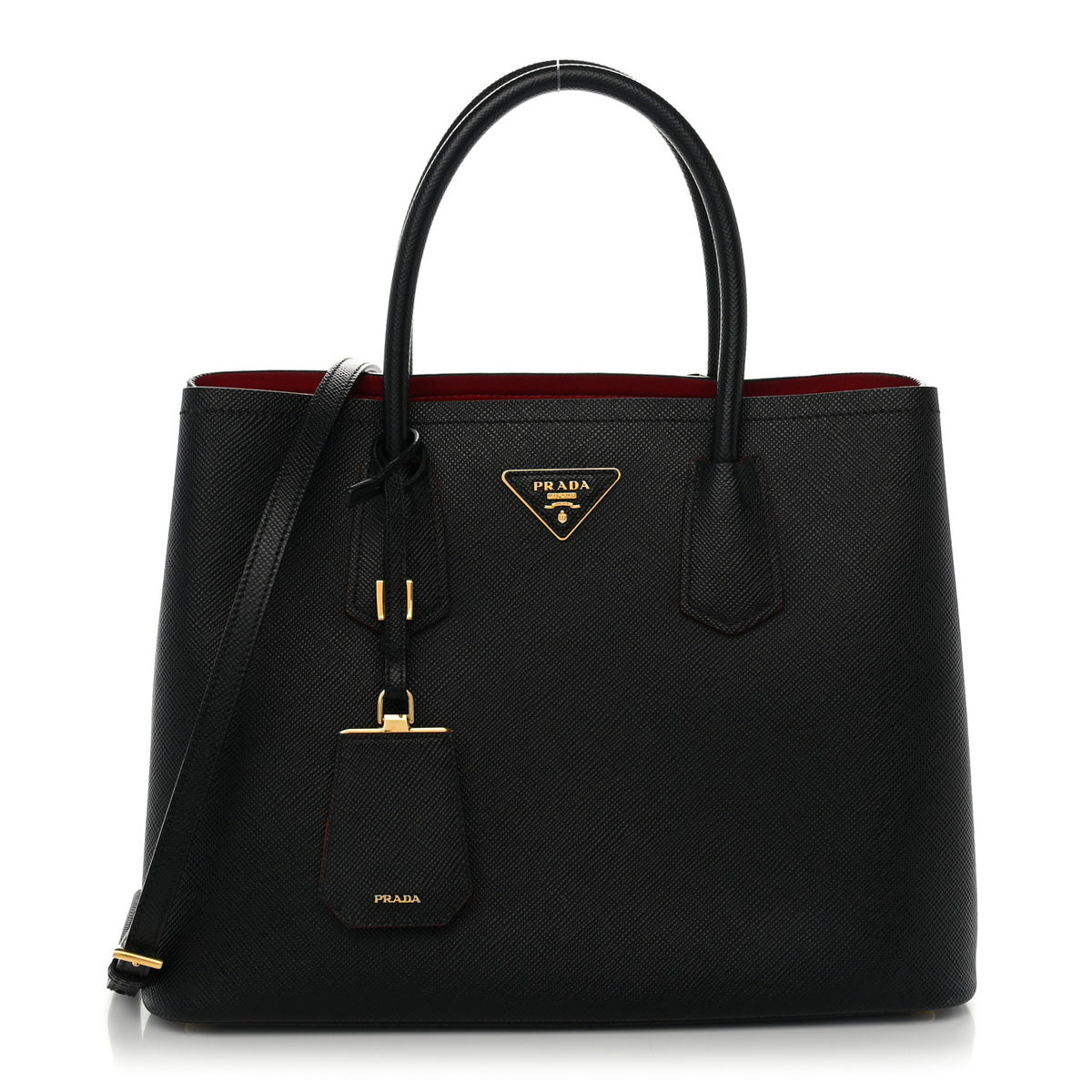 Prada Saffiano Cuir Medium Double Bag Black Fuoco 1 of 9