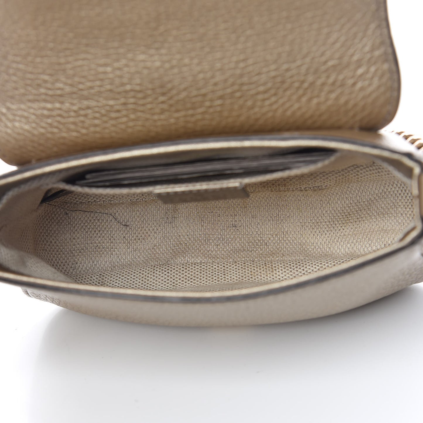 Metallic Pebbled Calfskin Small Soho Flap Crossbody Golden Beige