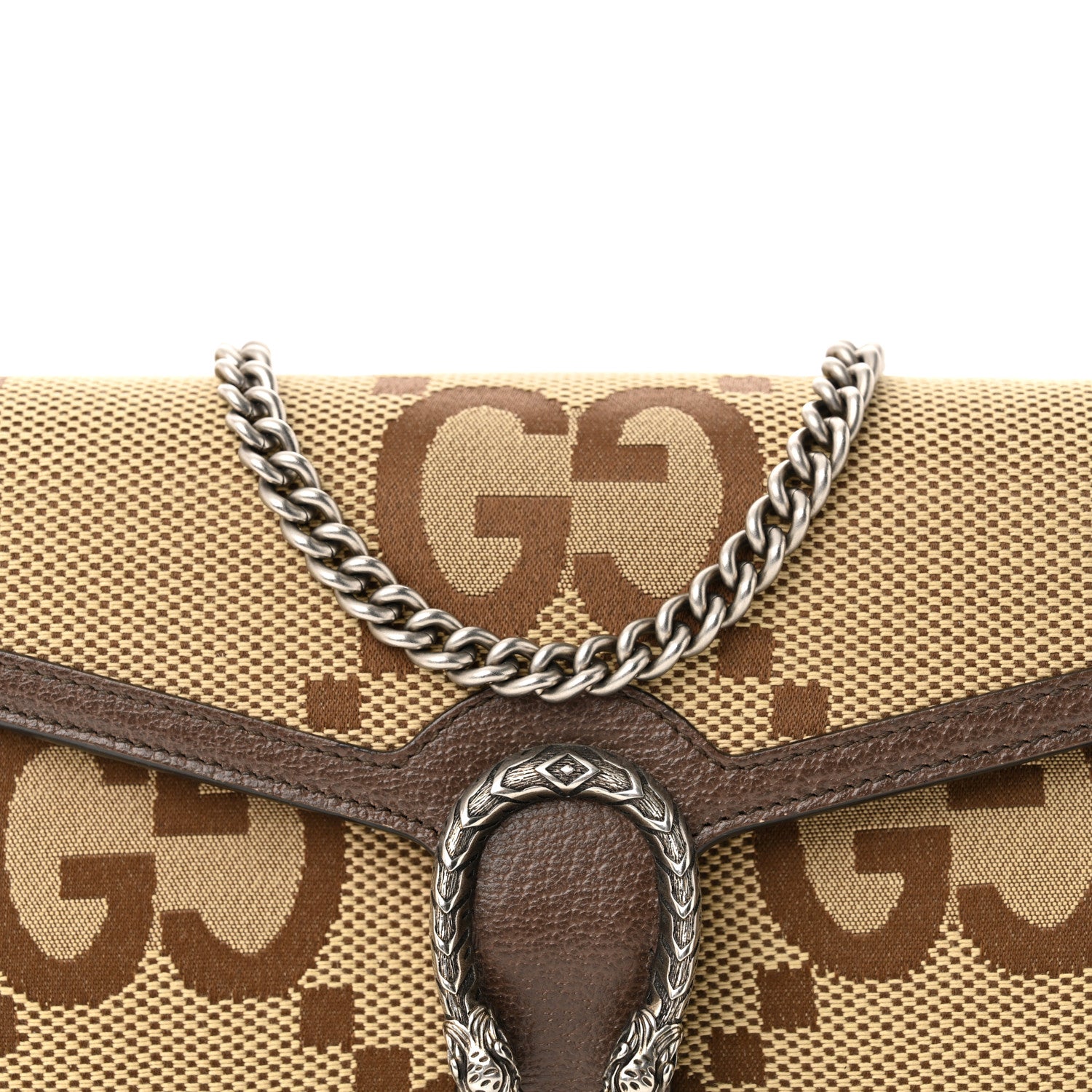 Gucci Monogram Jumbo GG Textured Dollar Calfskin Mini Dionysus Chain Wallet Camel Ebony New Acero 10 of 13