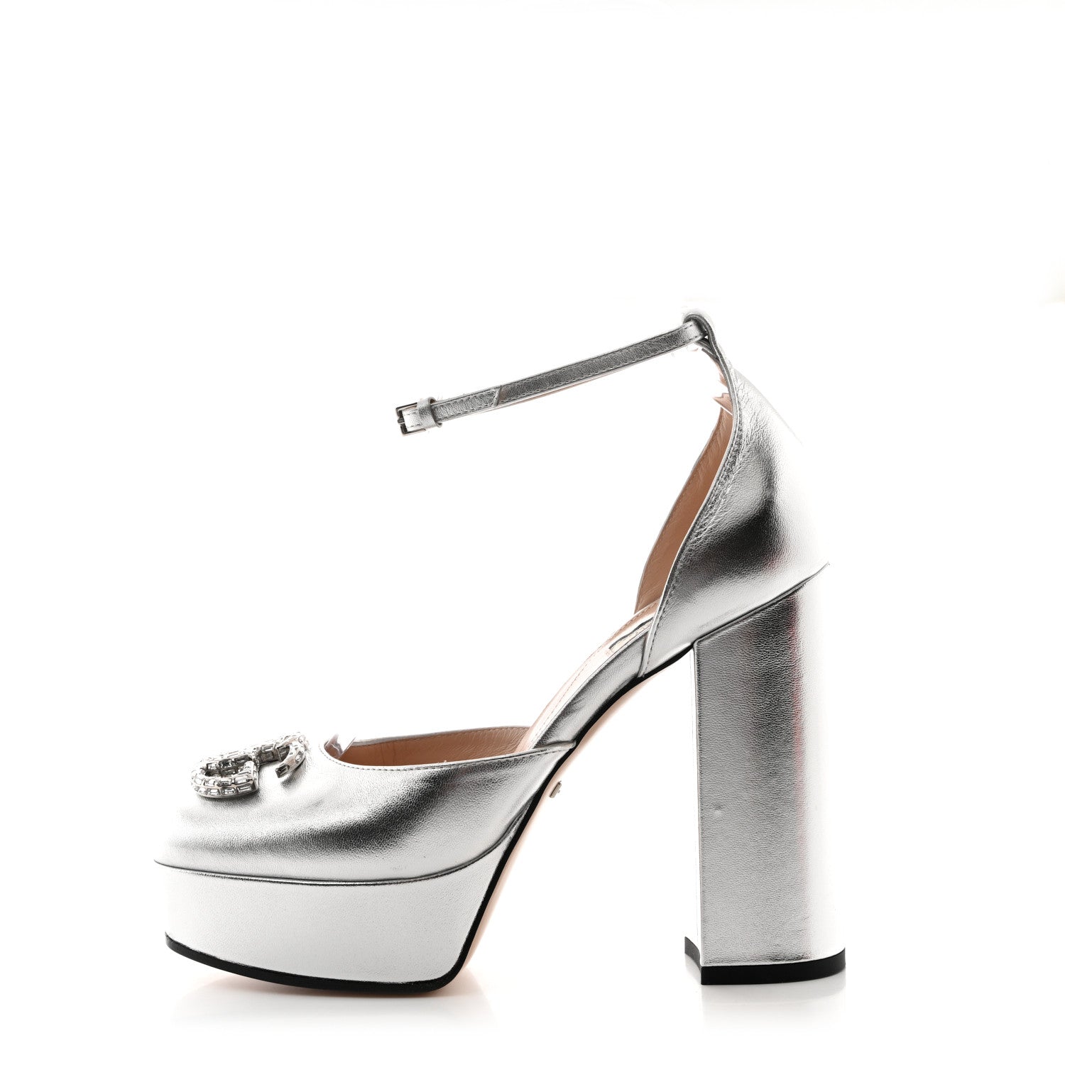 Gucci Metallic Nappa Crystal Double G Platform Pumps 36.5 Argento 1 of 9