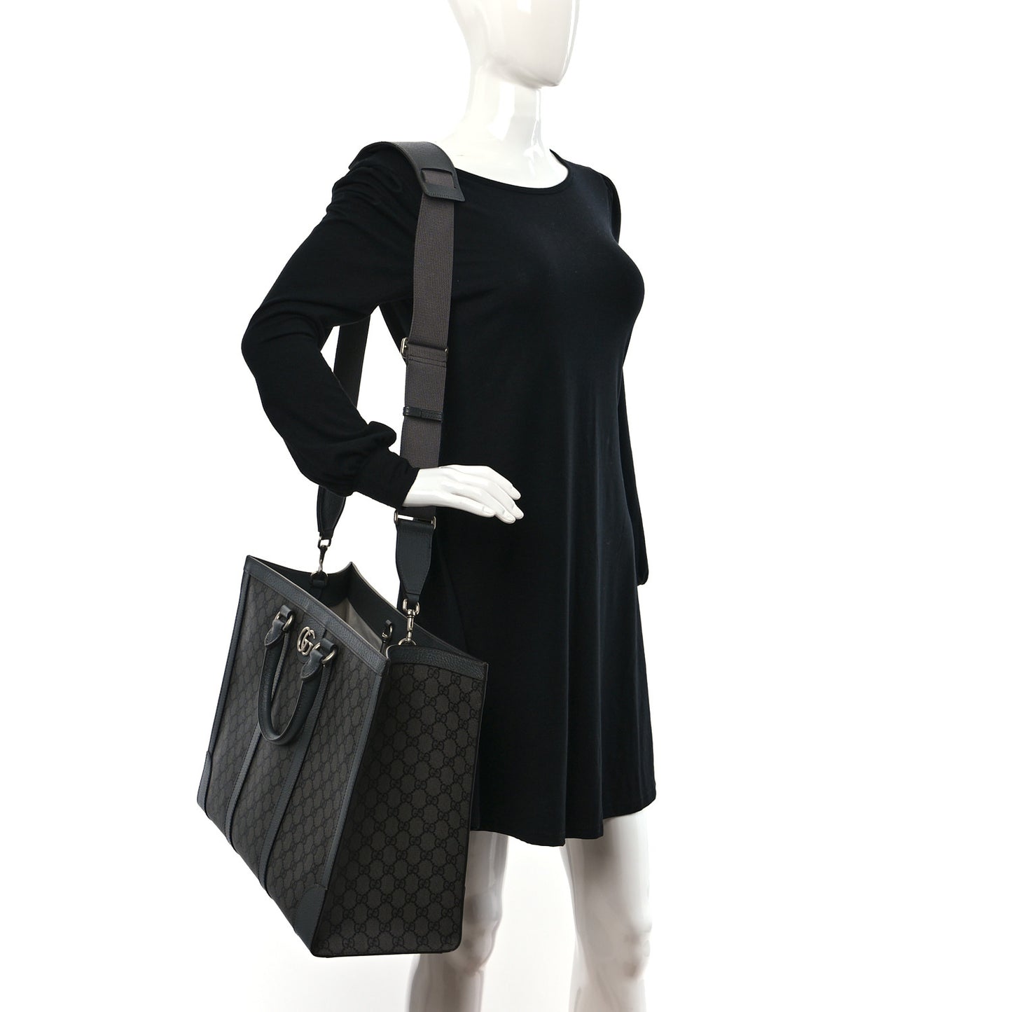 GG Supreme Monogram Textured Dollar Calfskin Large Ophidia Tote Bag Grey Black Graphite Grey