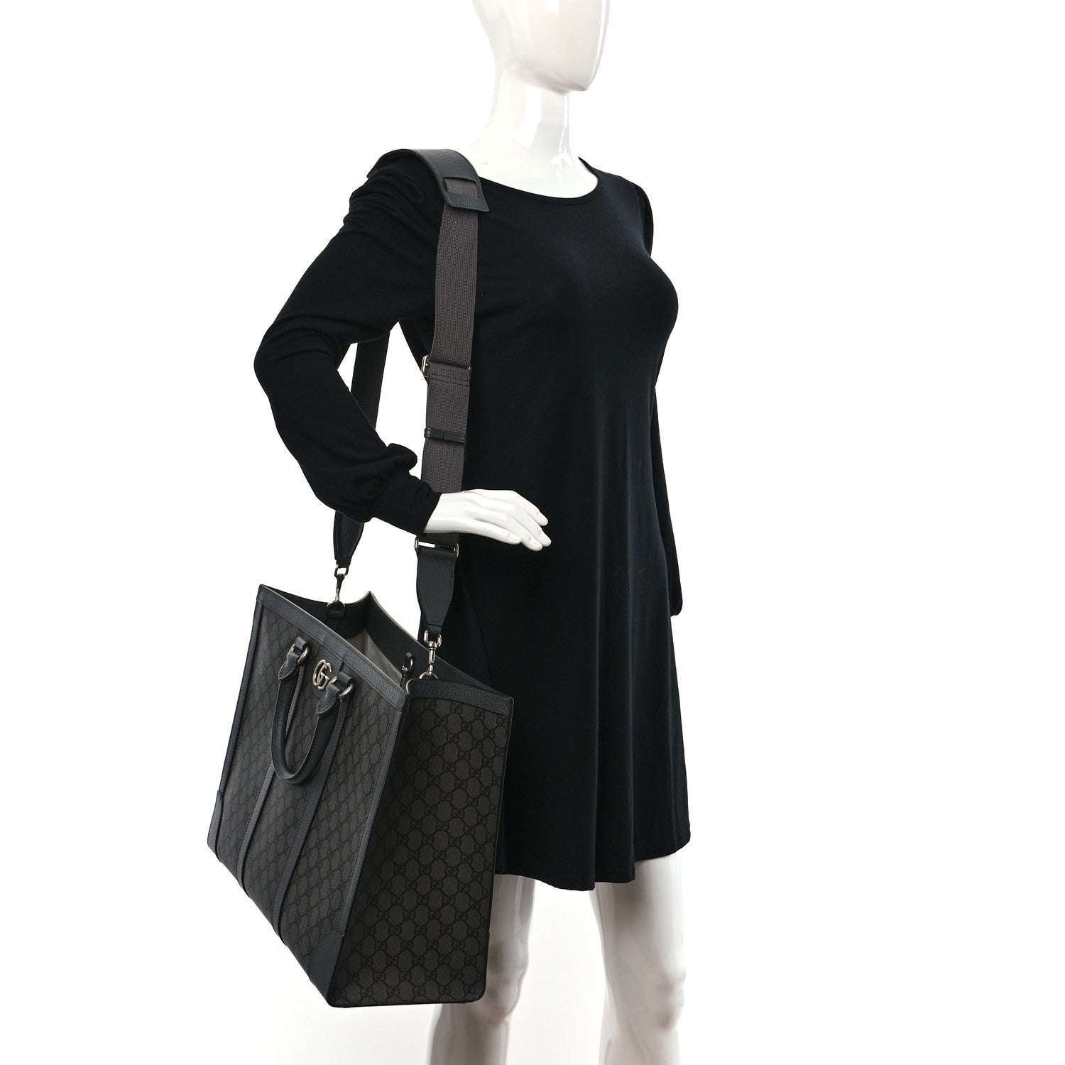 Gucci GG Supreme Monogram Textured Dollar Calfskin Large Ophidia Tote Bag Grey Black Graphite Grey 2 of 13