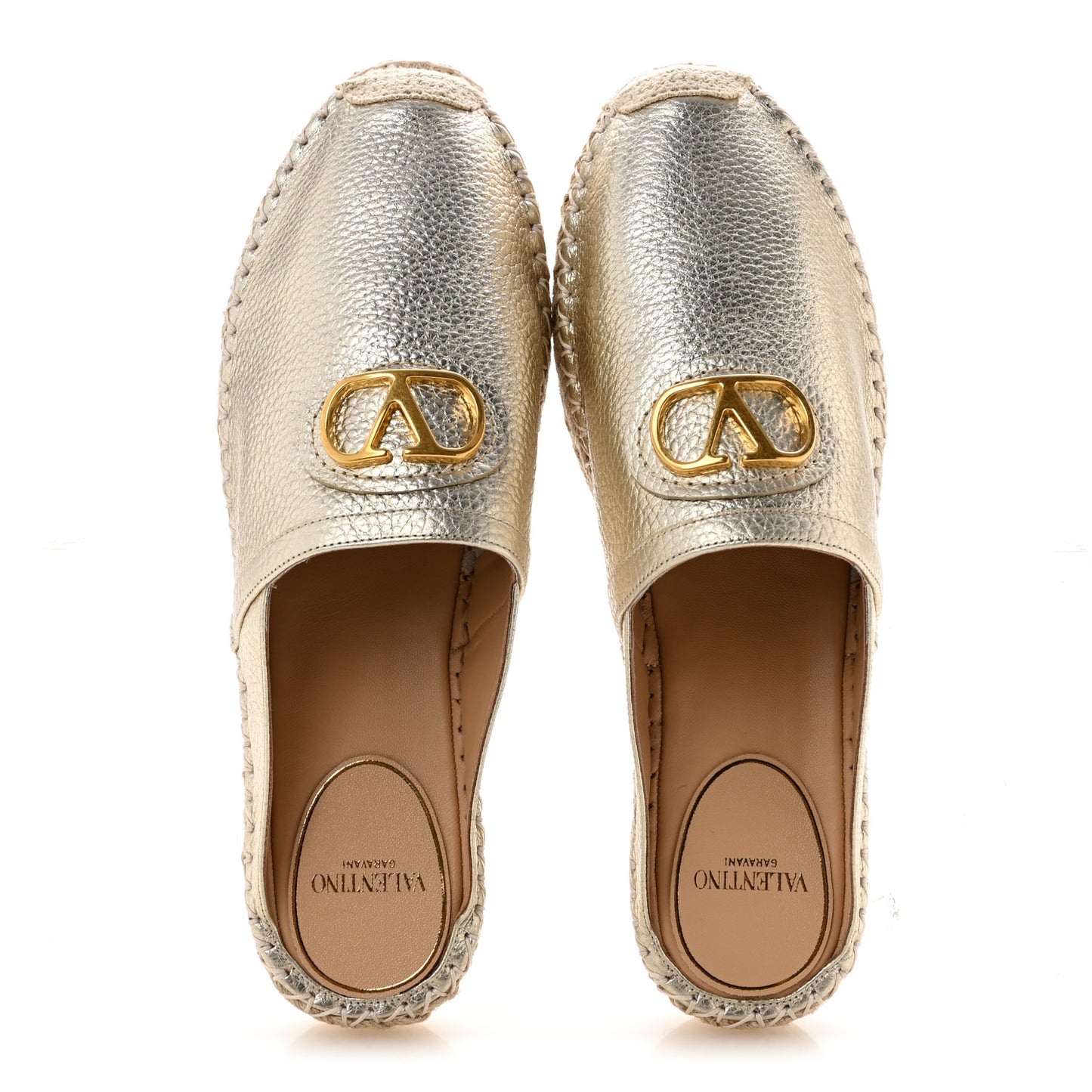 Metallic Pebbled Calfskin Vlogo Espadrille Mules 39 Platino