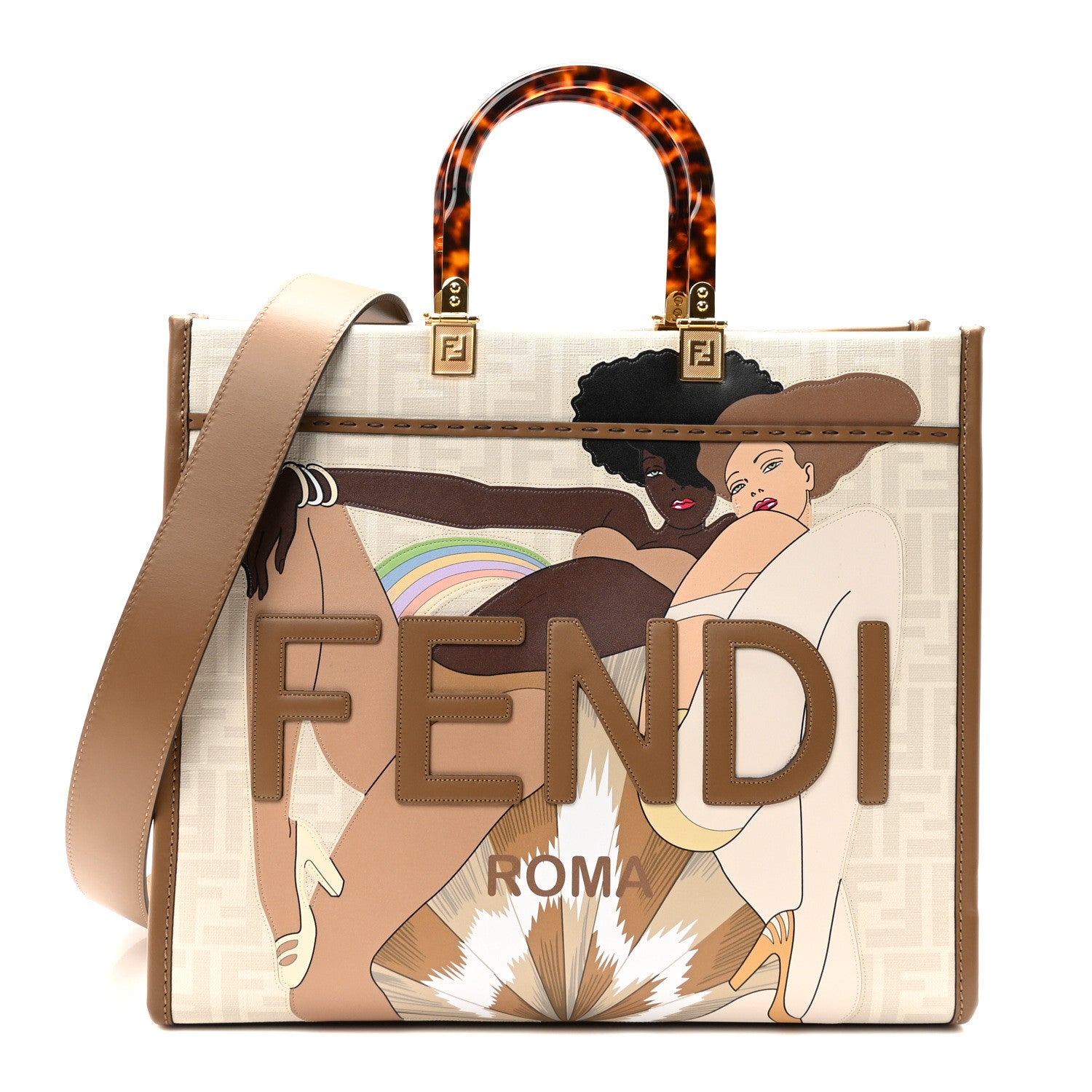 Fendi Glazed Fabric Plexiglass FF Logo Bikini Girls Medium Fendi Sunshine Shopper Tote Bianco Perla Multicolor Miele Scuro 1 of 10
