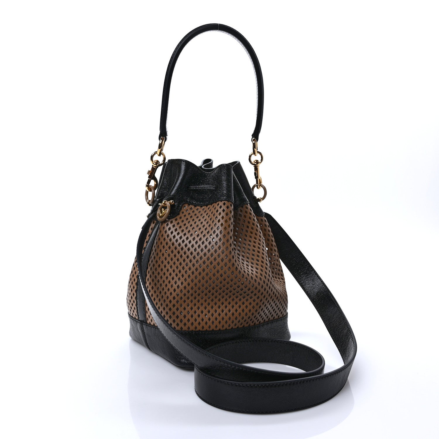 Fendi Vitello Liberty Glossy Lambskin F is Fendi Perforated Mini Mon Tresor Bucket Bag Sand Mimosa Black 3 of 9
