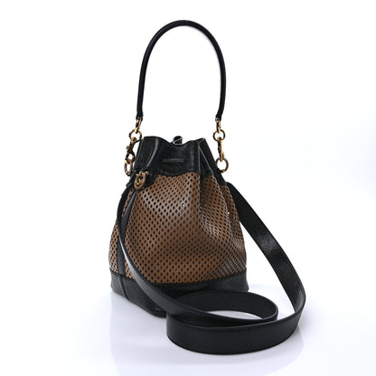 Fendi Vitello Liberty Glossy Lambskin F is Fendi Perforated Mini Mon Tresor Bucket Bag Sand Mimosa Black 3 of 9