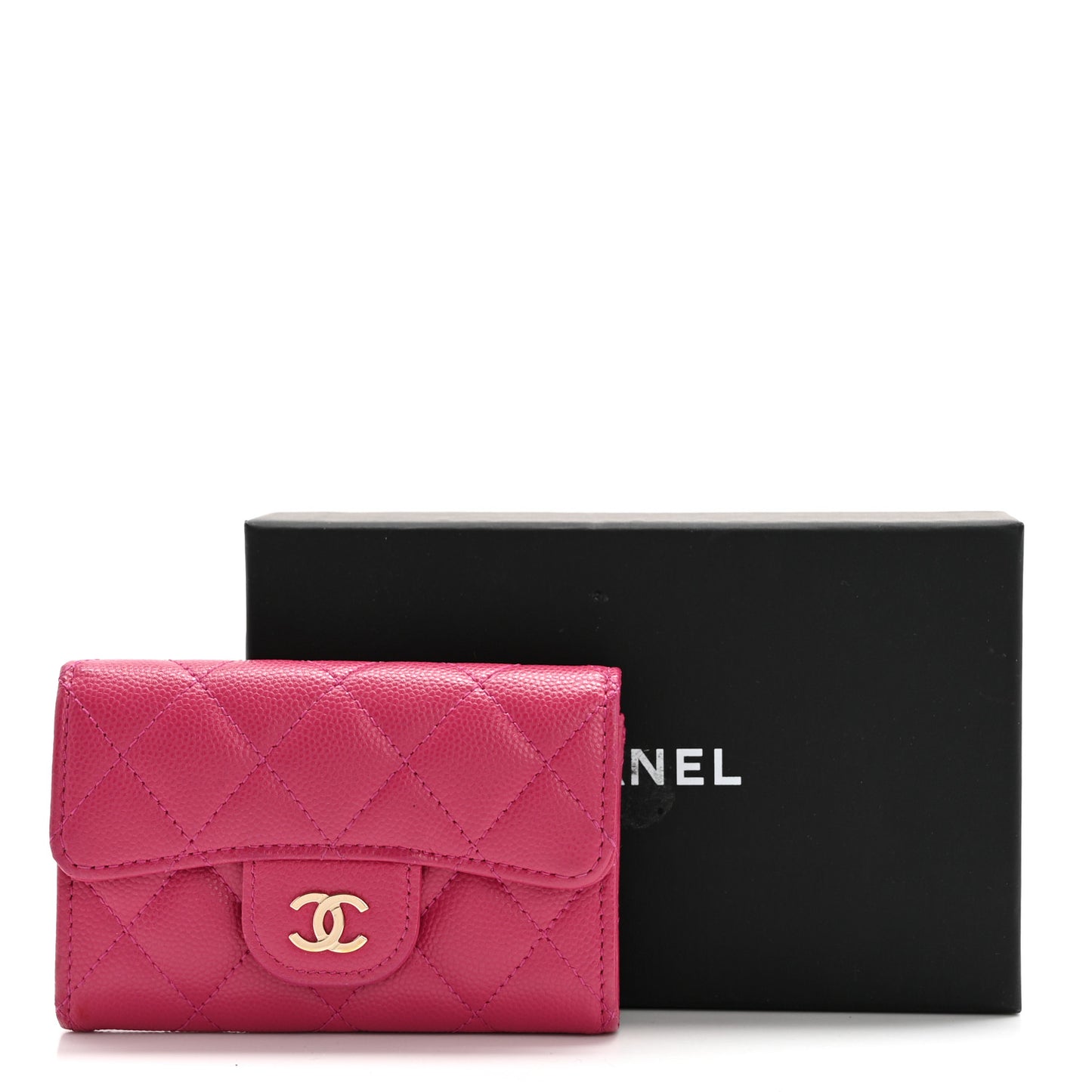 Caviar Quilted Flap Card Holder Wallet Dark Pink