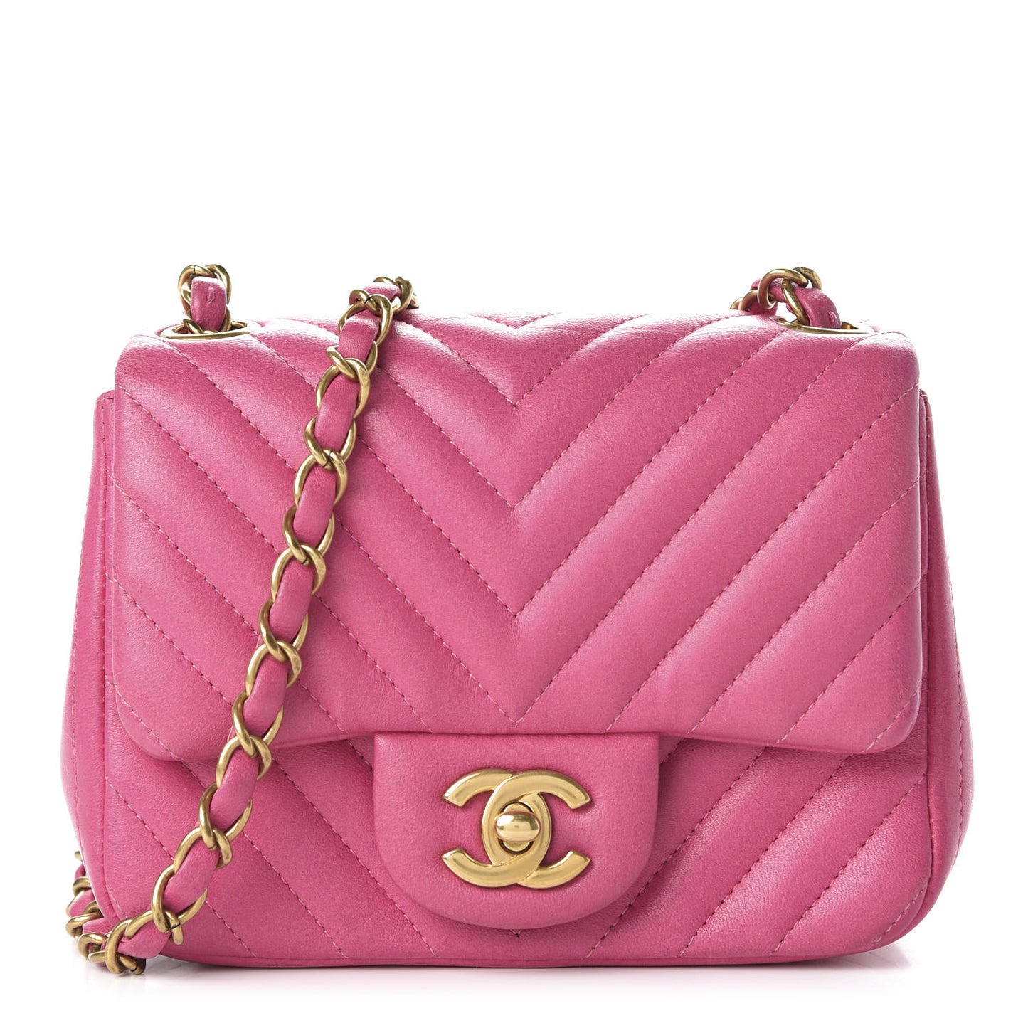 Lambskin Chevron Quilted Mini Square Flap Fuchsia