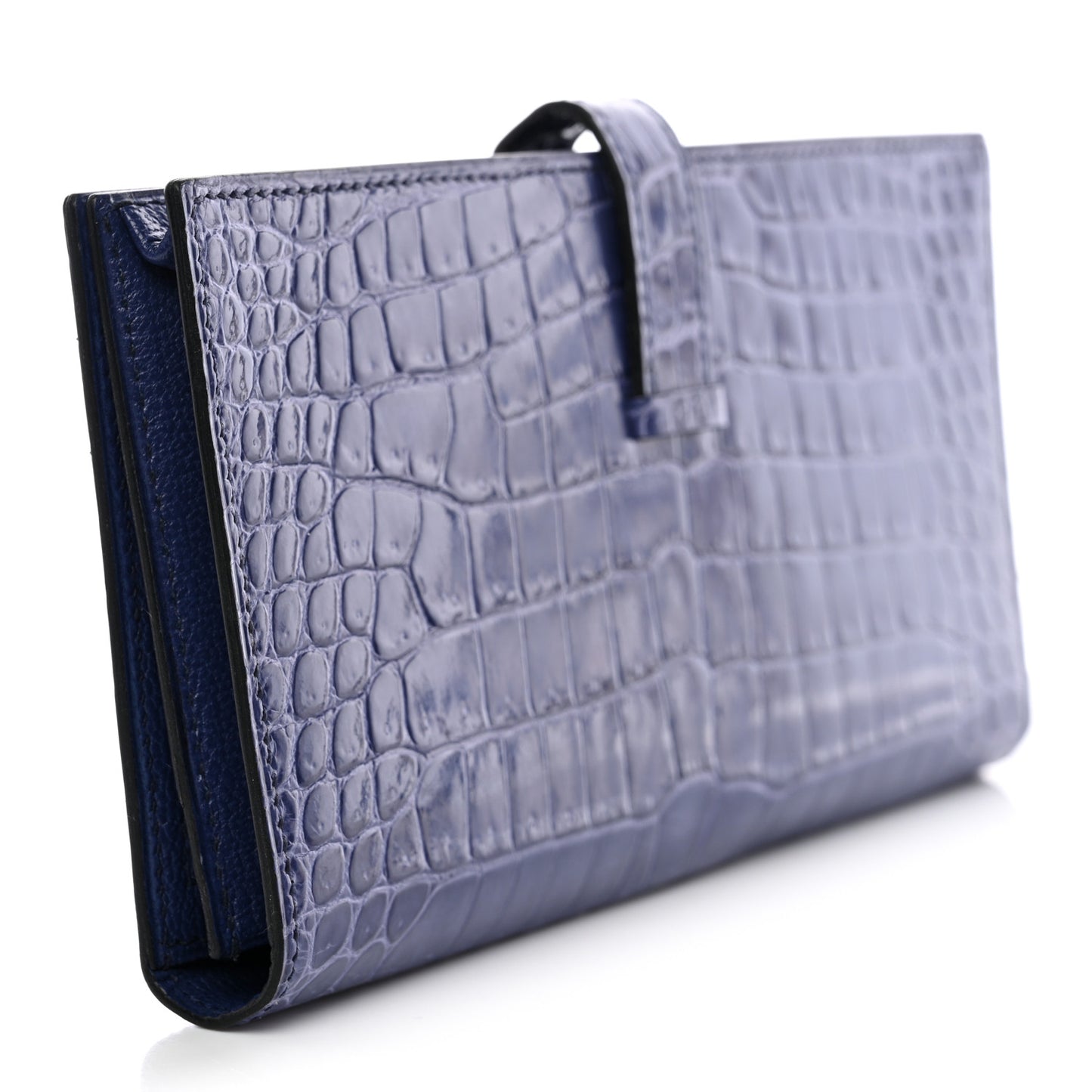 Shiny Porosus Crocodile 18K White Gold Diamond Bearn Wallet Bleu Ciel