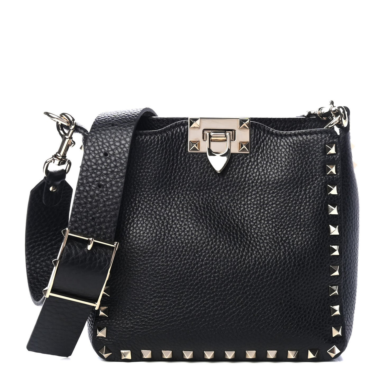 Pebbled Calfskin Mini Rockstud Flip-Lock Messenger Bag Black