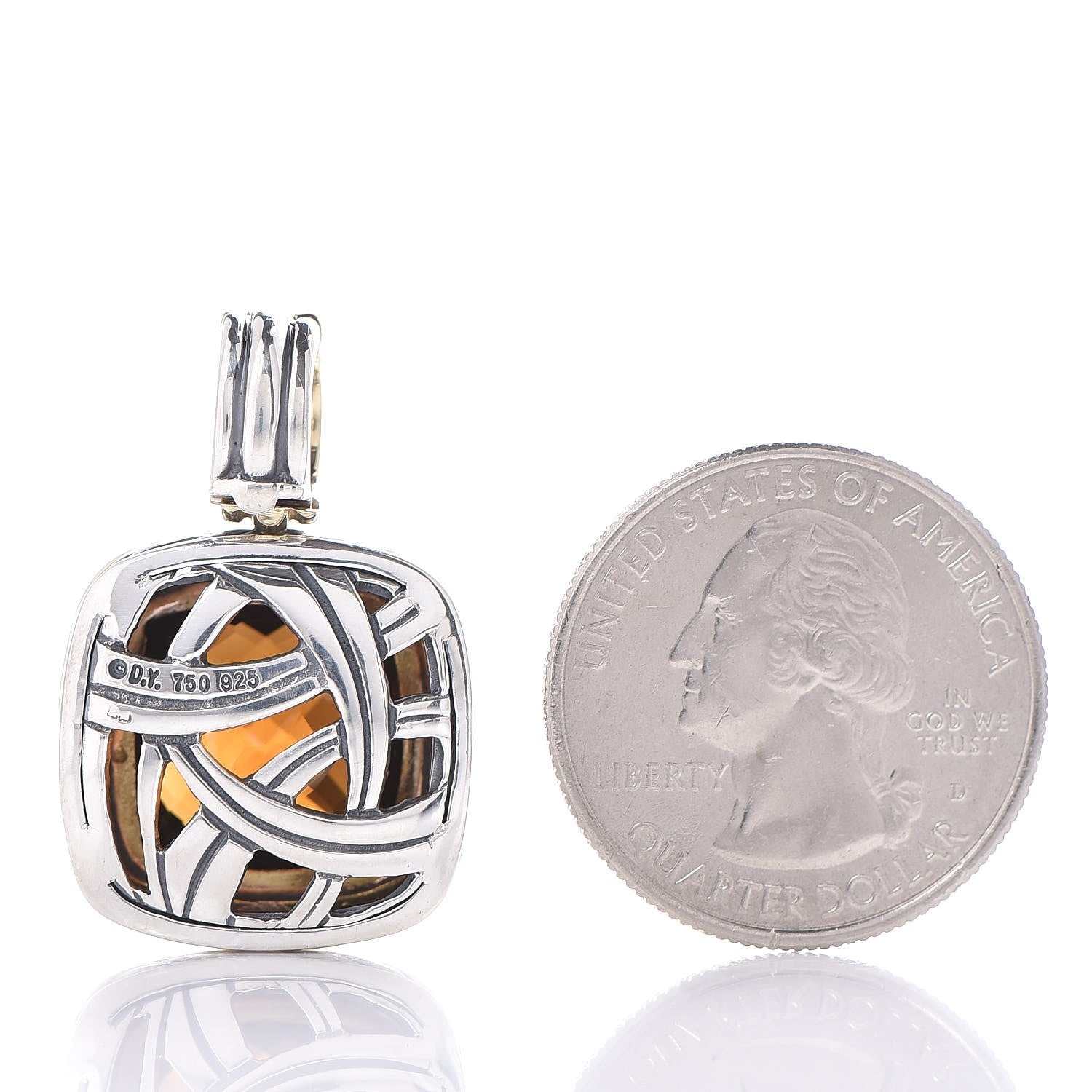 David Yurman Sterling Silver 18K Yellow Gold Smoky Quartz 16mm Albion Enhancer Pendant 2 of 4