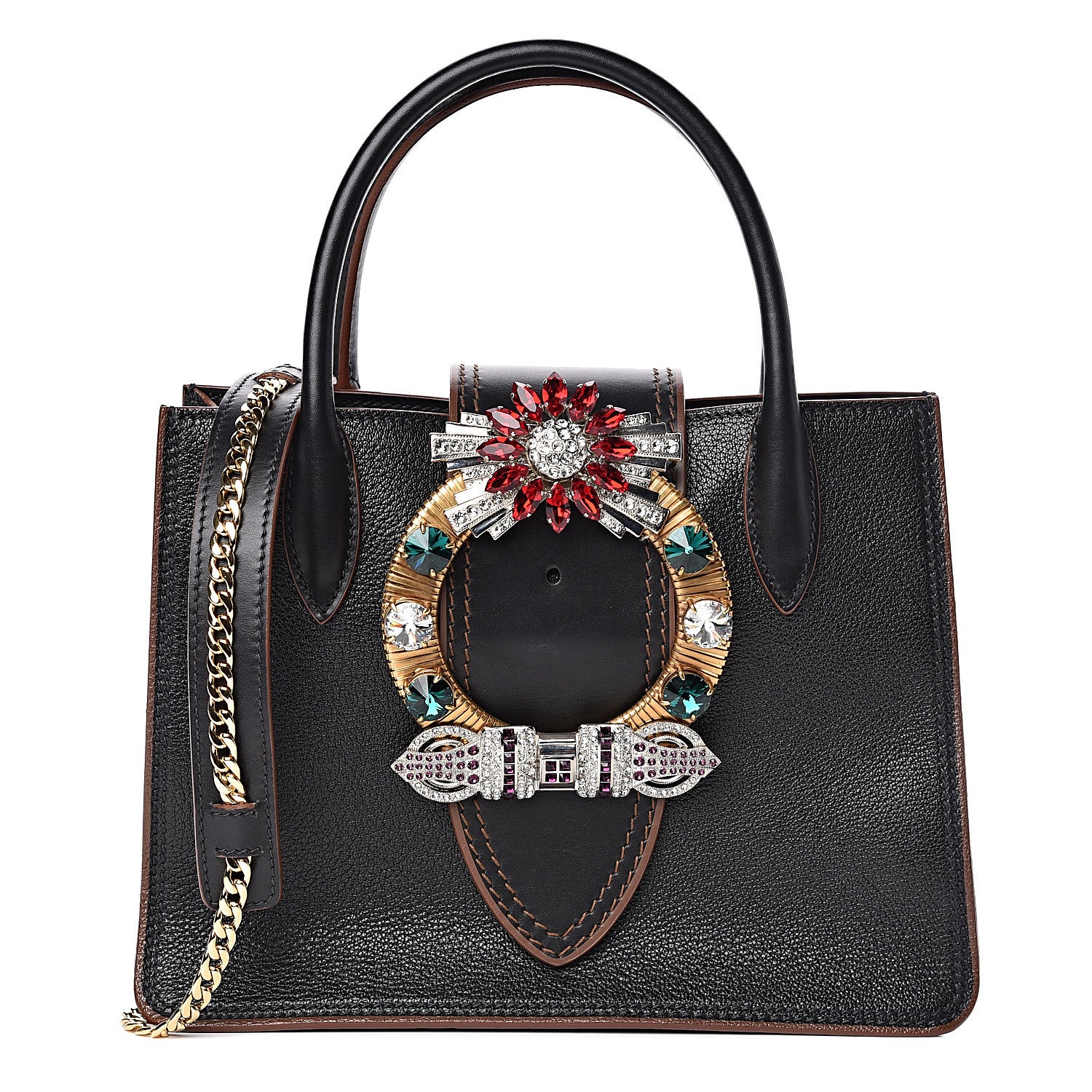 Miu Miu Goatskin Madras Soft Calf Crystal Embellished Tote Black 1 of 11