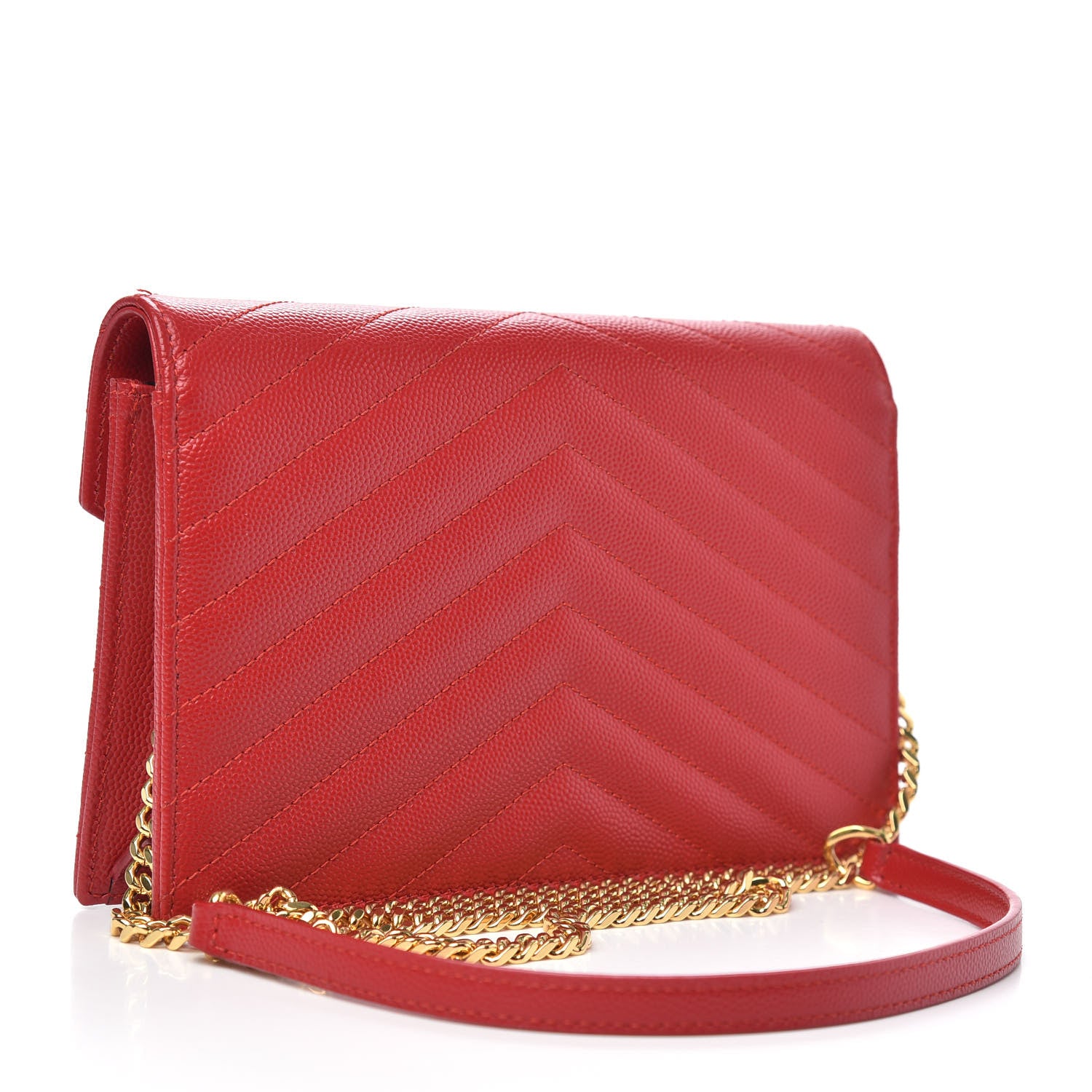 Saint Laurent Grain De Poudre Matelasse Chevron Monogram Envelope Chain Wallet New Red 3 of 10