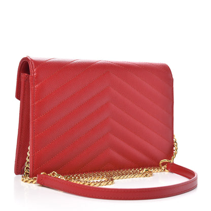 Saint Laurent Grain De Poudre Matelasse Chevron Monogram Envelope Chain Wallet New Red 3 of 10