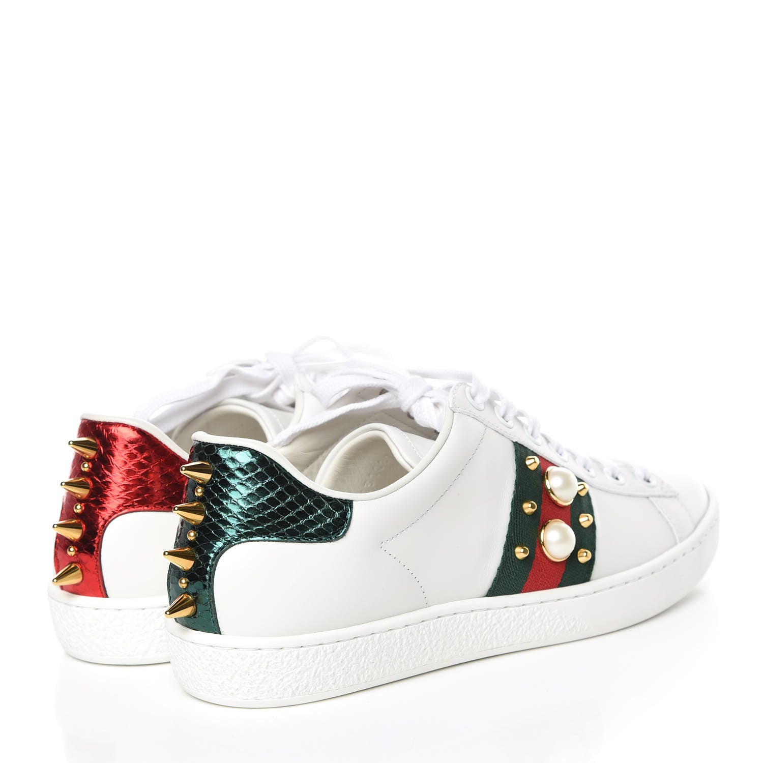 Gucci Calfskin Web Pearl Studded Womens Ace Sneakers 35.5 White 4 of 11