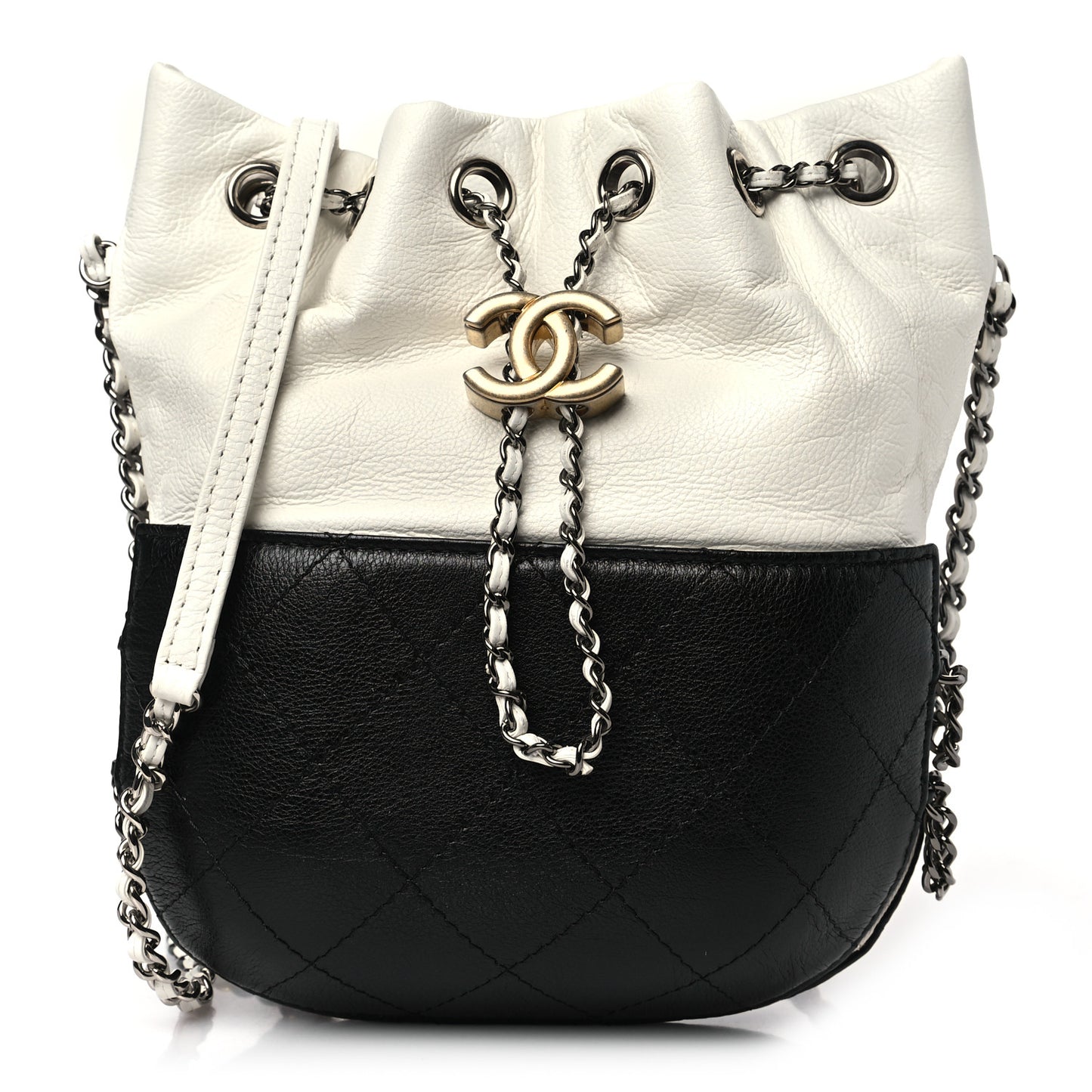 Aged Calfskin Quilted Small Gabrielle Bucket White Black