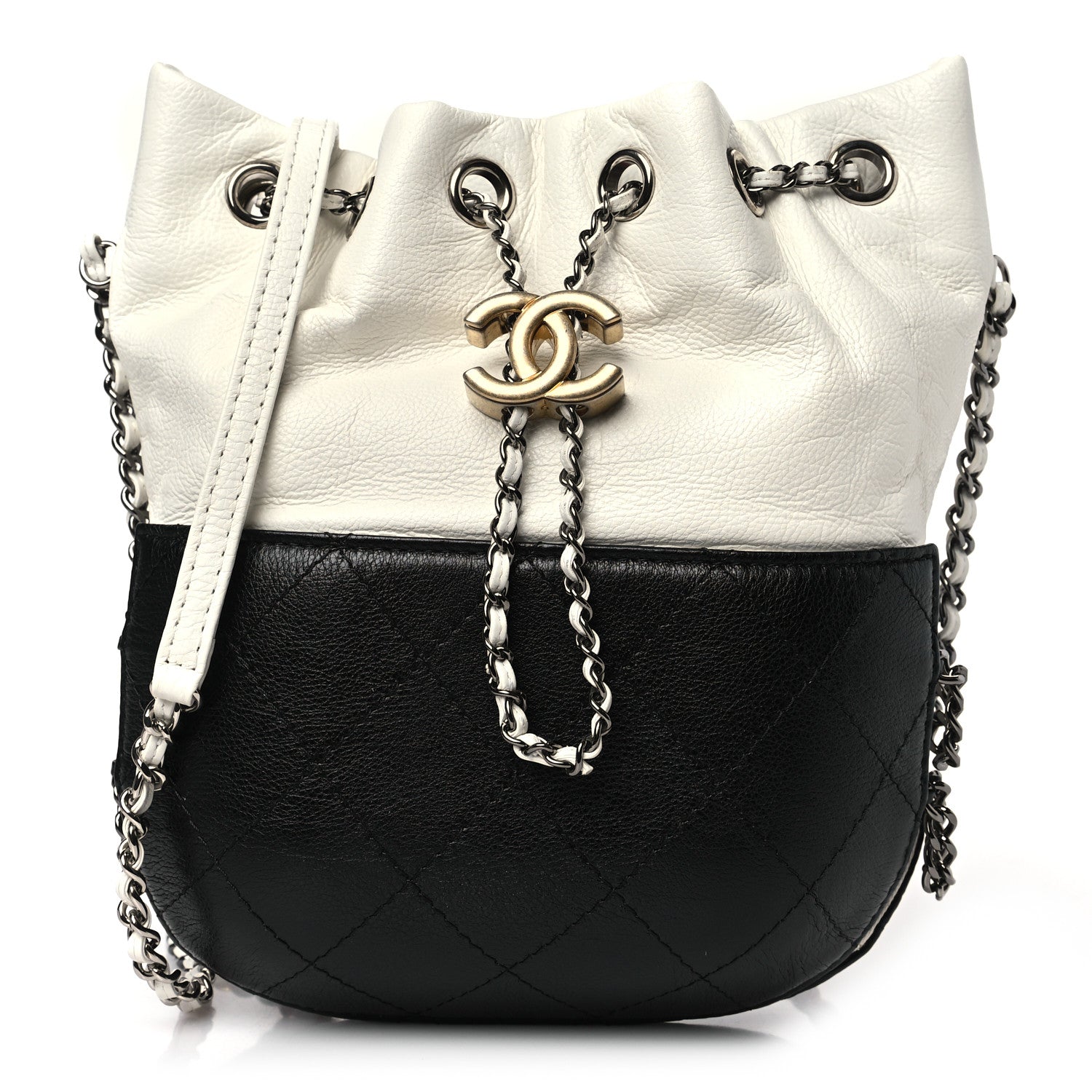 Chanel Aged Calfskin Quilted Small Gabrielle Bucket White Black 1 of 10