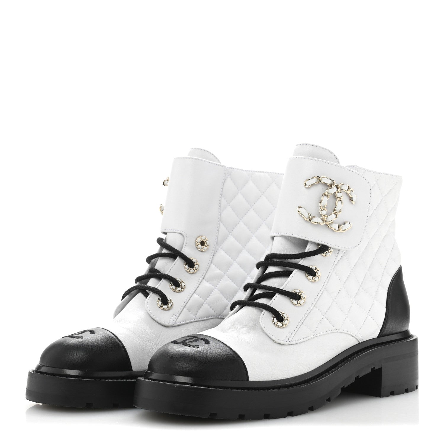 Chanel Shiny Goatskin Calfskin Quilted Lace Up Combat Boots 39 White Black 4 of 8