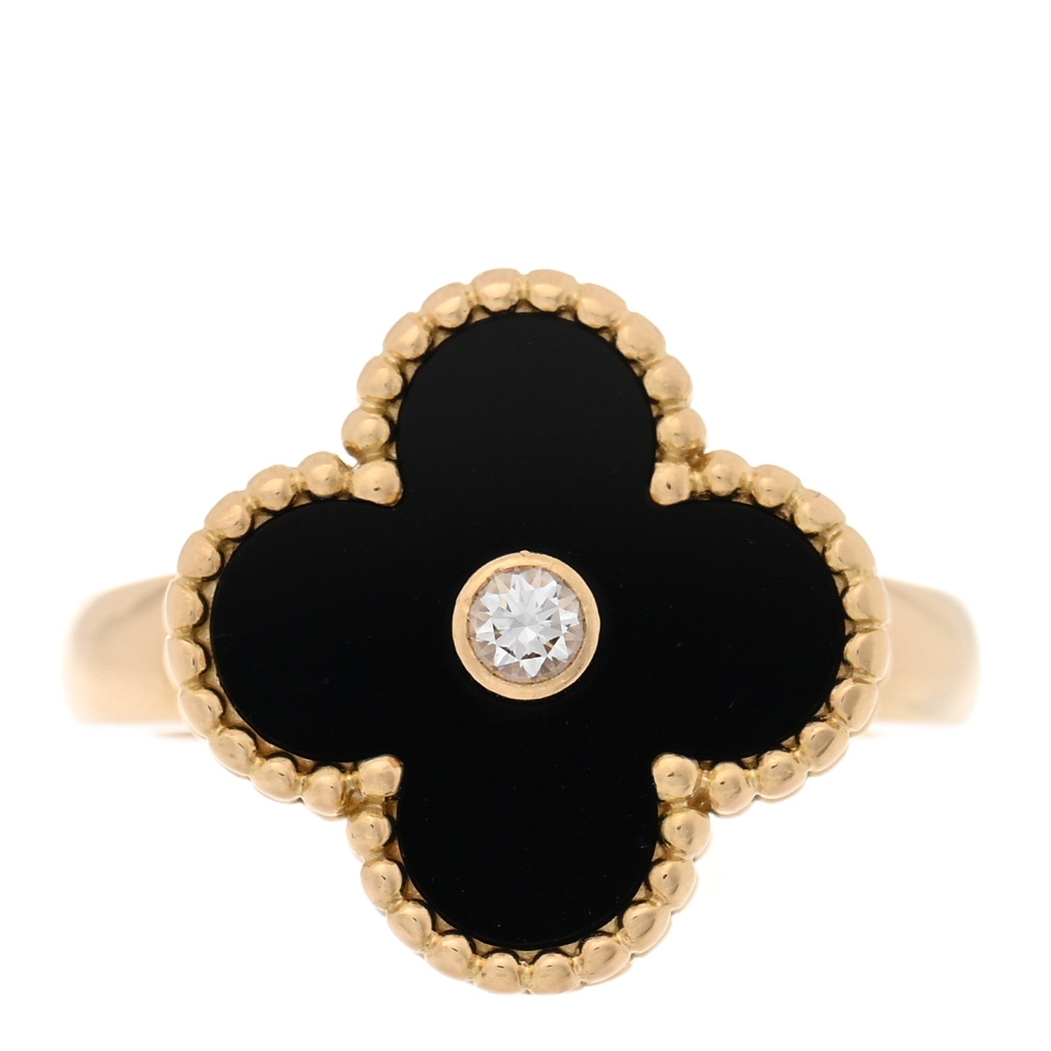 Van Cleef & Arpels 18K Yellow Gold Diamond Black Onyx Vintage Alhambra Ring 48 4.5 1 of 4