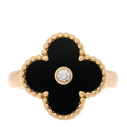 Van Cleef & Arpels 18K Yellow Gold Diamond Black Onyx Vintage Alhambra Ring 48 4.5 1 of 4