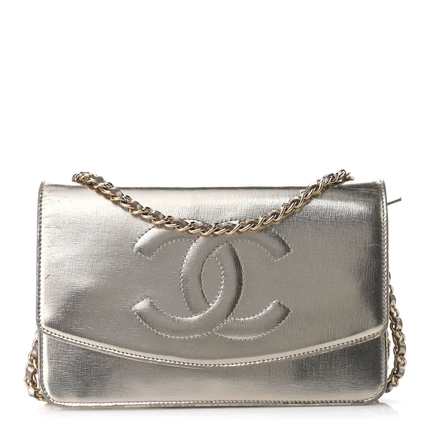 Metallic Calfskin Timeless Wallet on Chain WOC Argent Clair