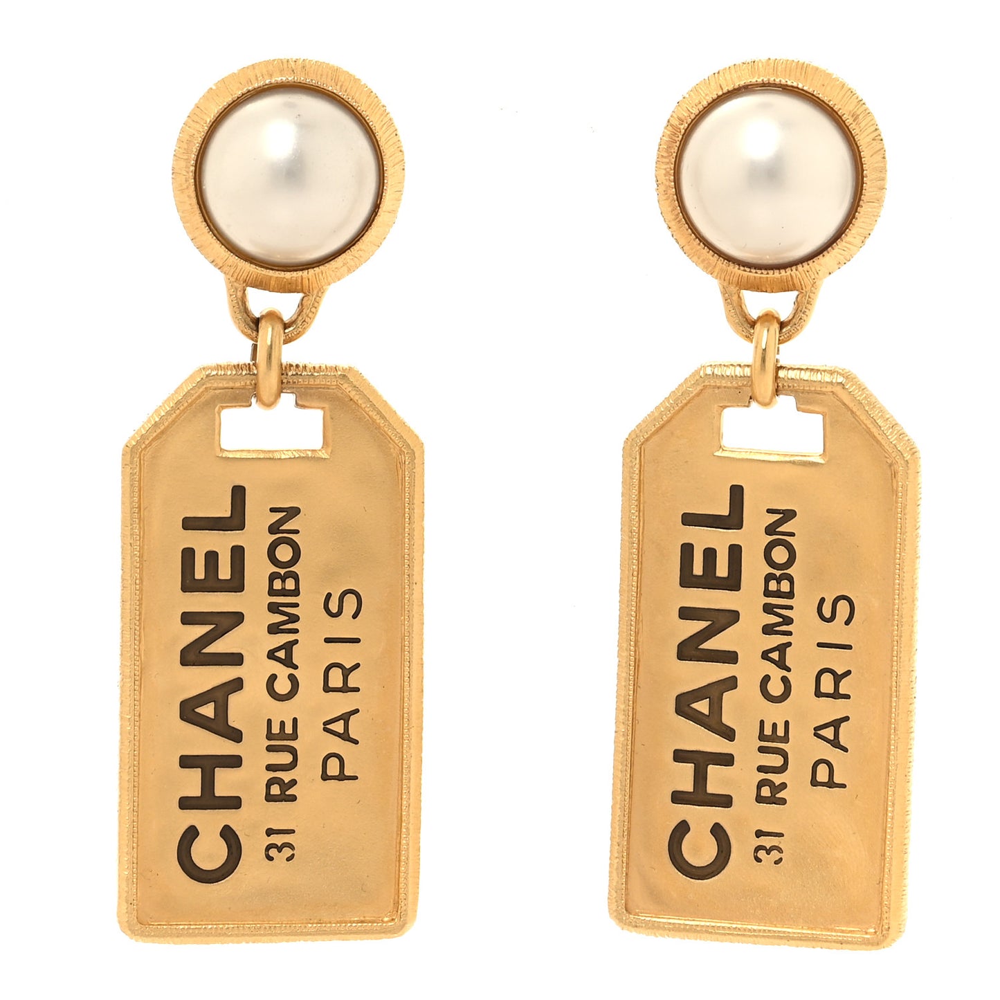 Pearl CC Tags Drop Earrings Gold