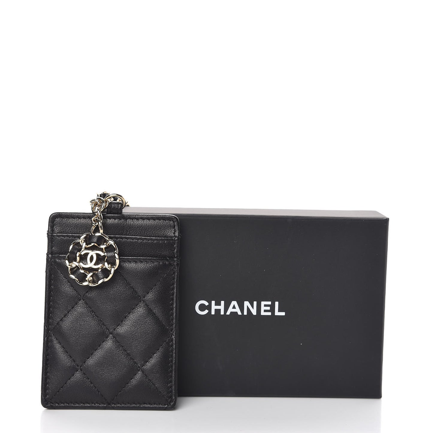 Lambskin Quilted Card Holder On Chain Black