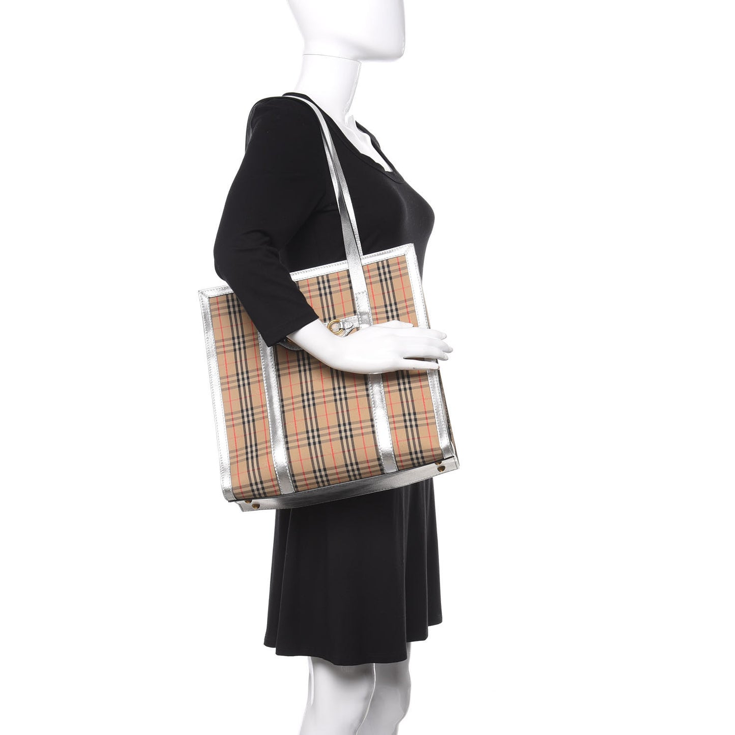 Metallic Calfskin Medium 1983 Knight Check Link Tote Silver