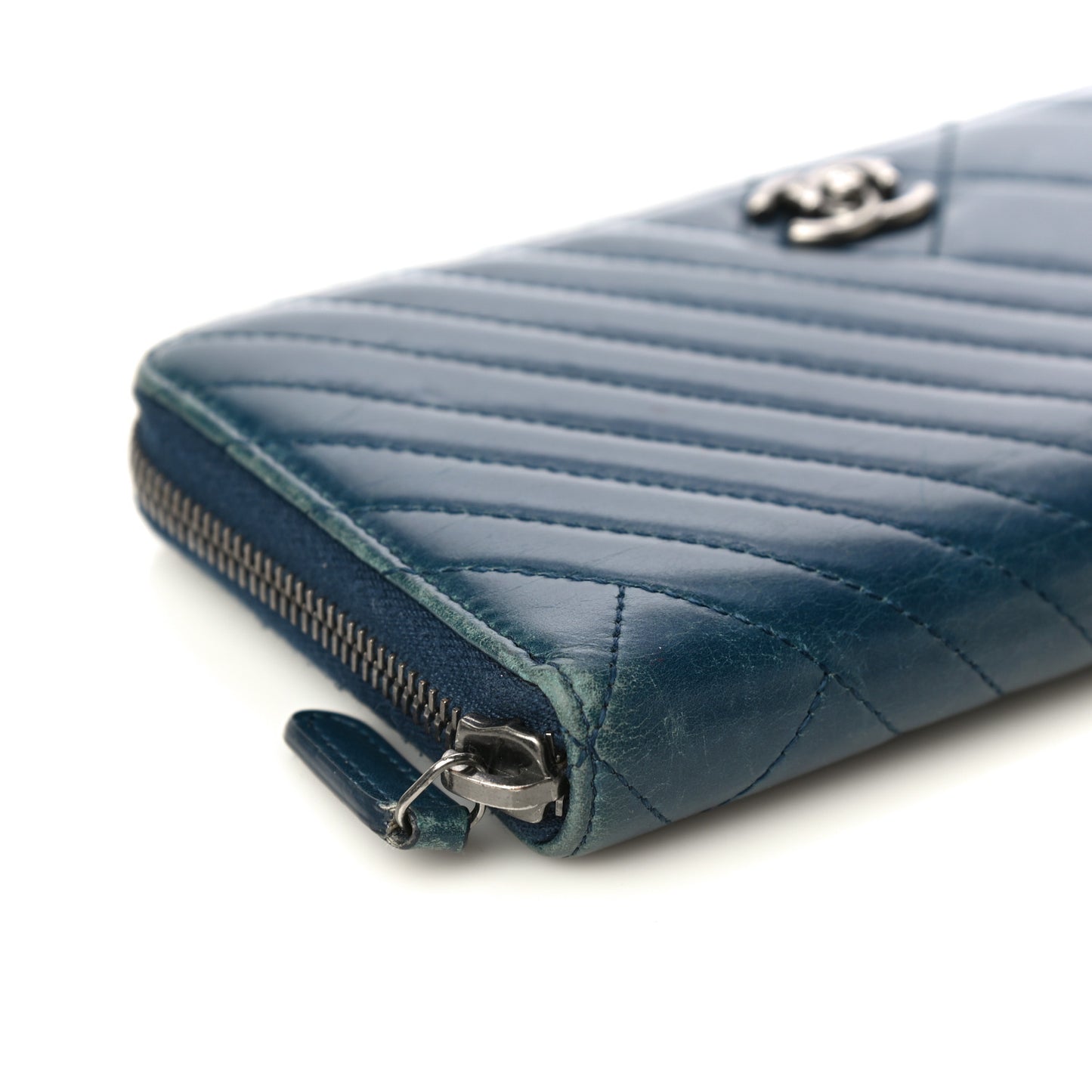 Glazed Calfskin Quilted Small Coco Boy Zip Around Wallet Blue