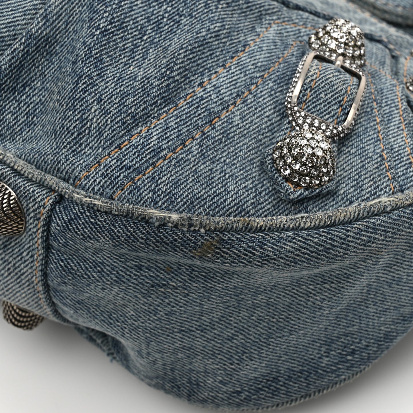 Washed Frayed Denim Crystal Small Le Cagole Shoulder Bag Blue