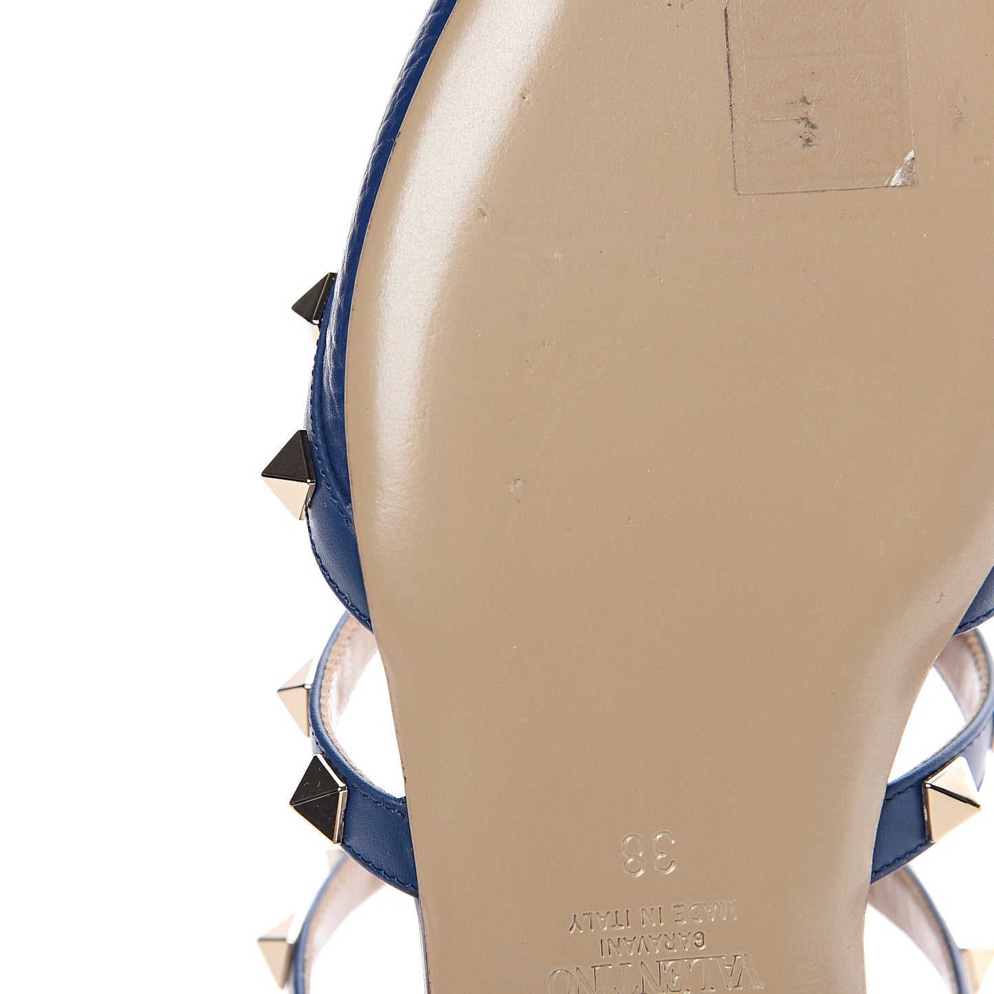 Pebbled Calfskin Rockstud Flat Cage Mules 38 Light Ocean