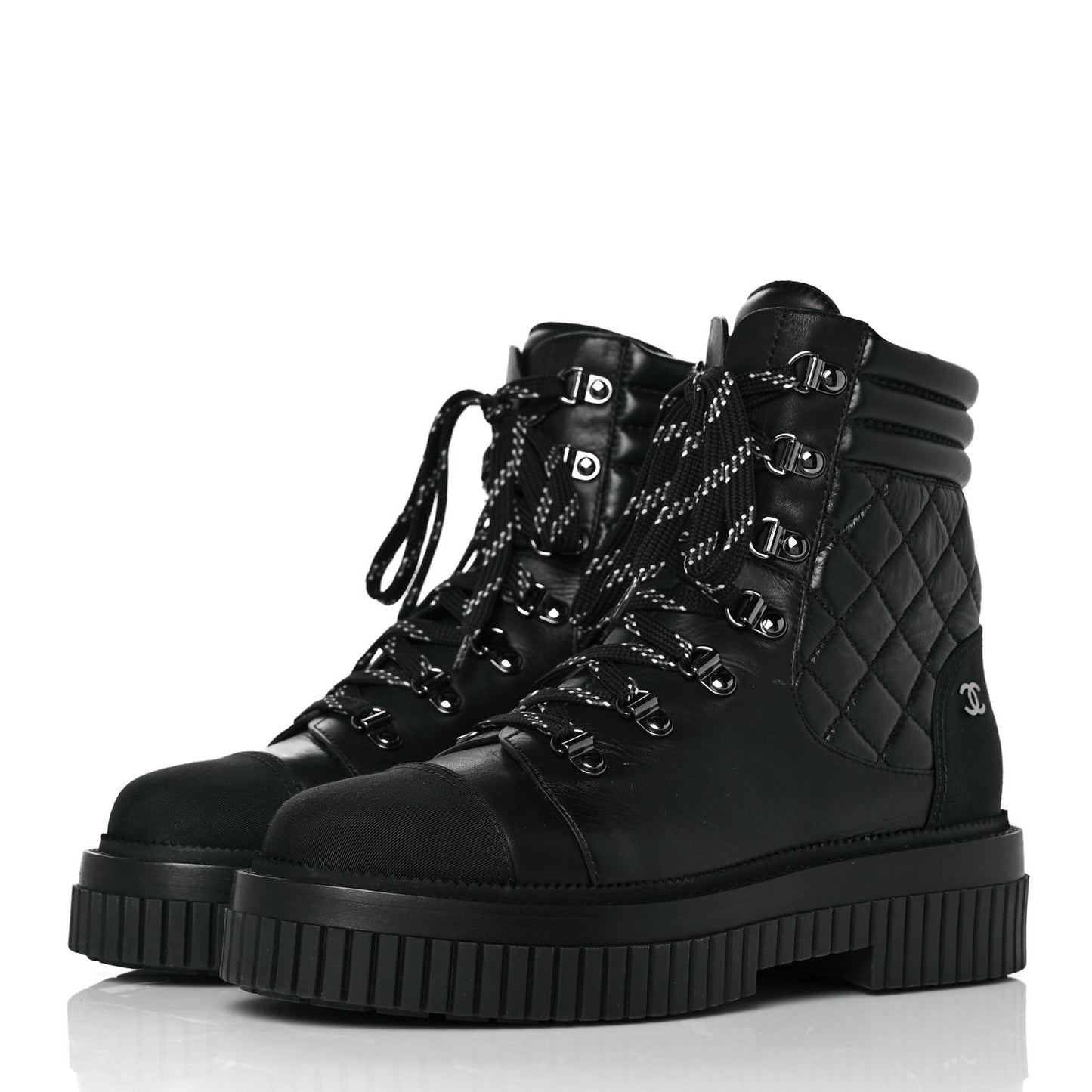 Calfskin Grosgrain Quilted Lace Up Boots 38 Black Grey