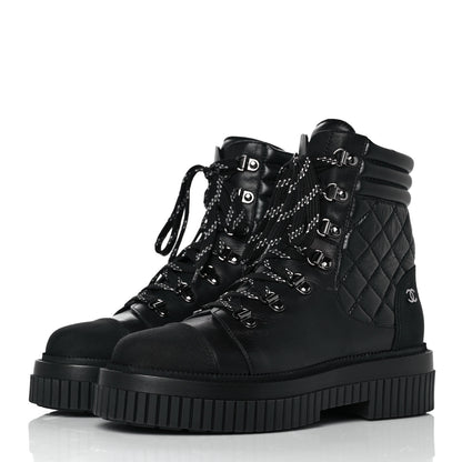 Chanel Calfskin Grosgrain Quilted Lace Up Boots 38 Black Grey 3 of 7