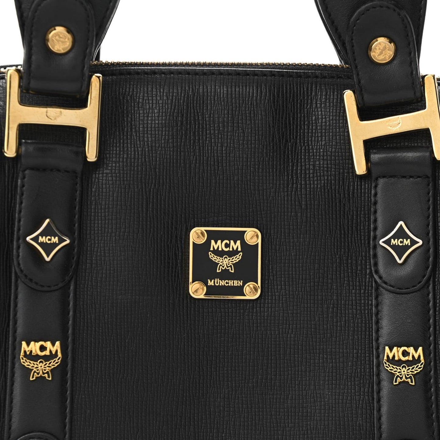 Grained Calfskin Studded Boston Bag Black