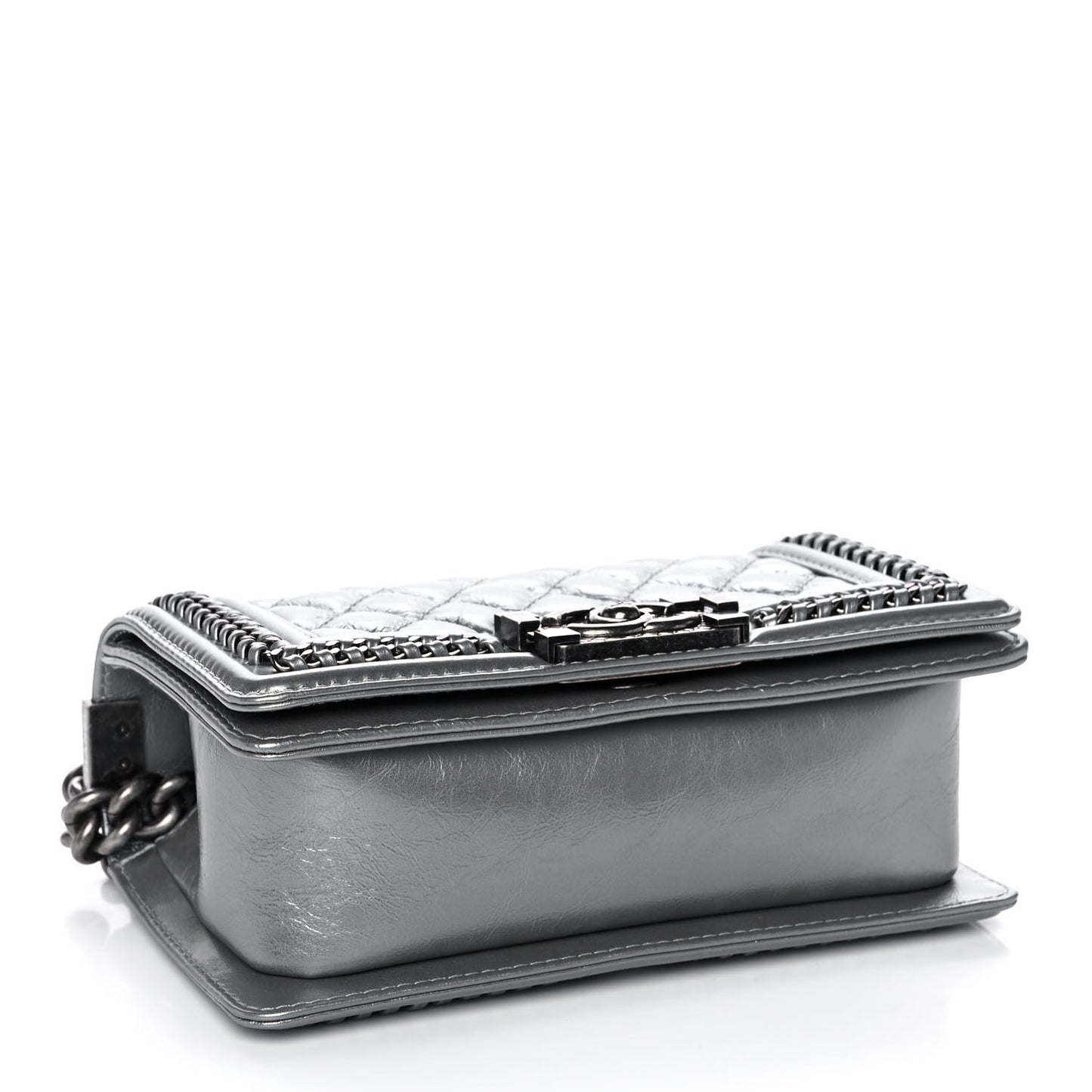 Metallic Aged Calfskin Quilted Small Boy Handle Flap Charcoal