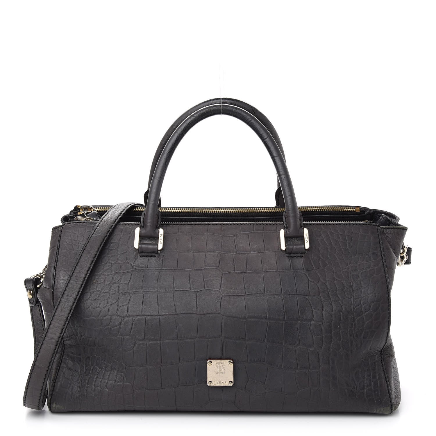 MCM Calfskin Crocodile Embossed Double Zip Tote Bag Grey 1 of 17