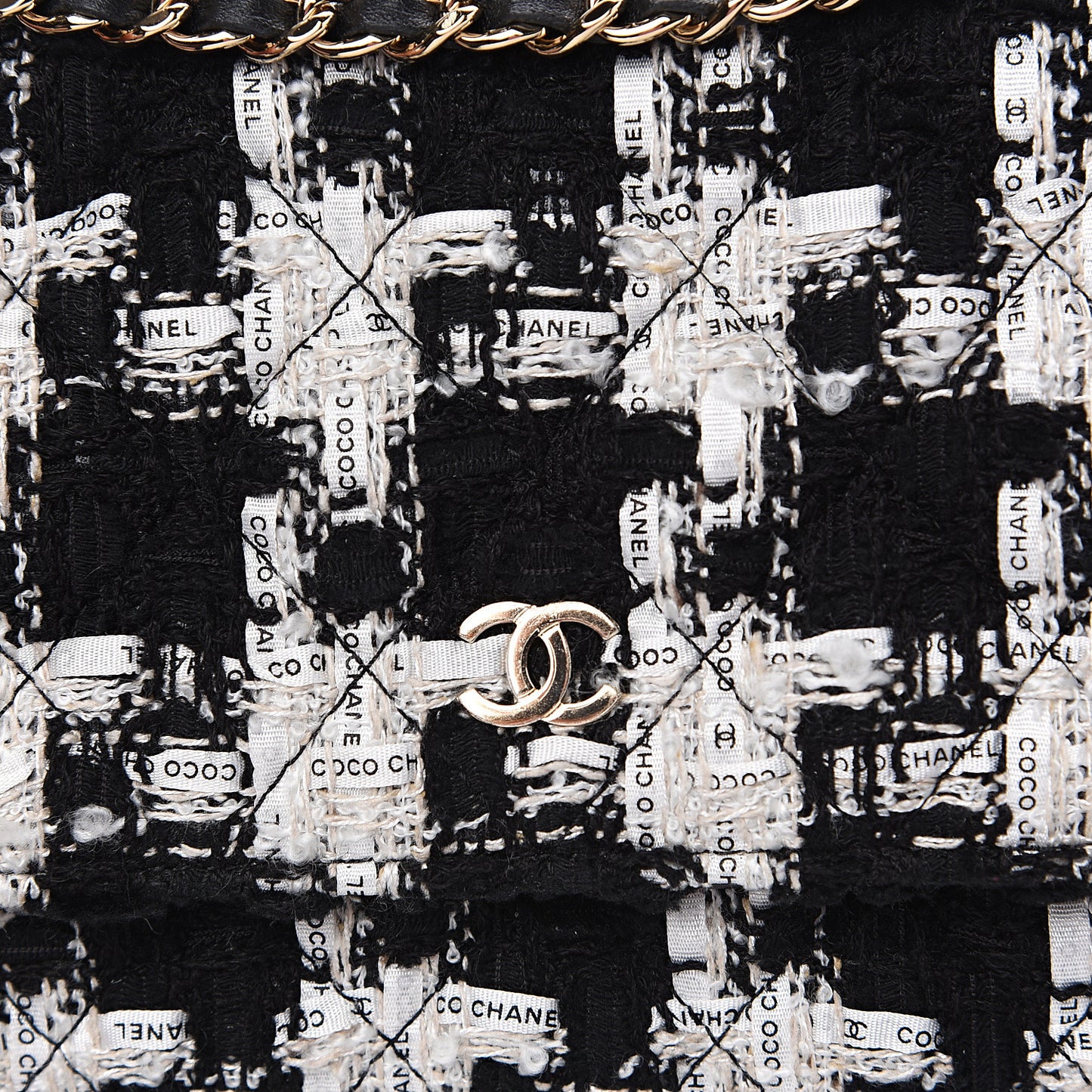 Tweed Quilted Wallet On Chain WOC Black Ecru White