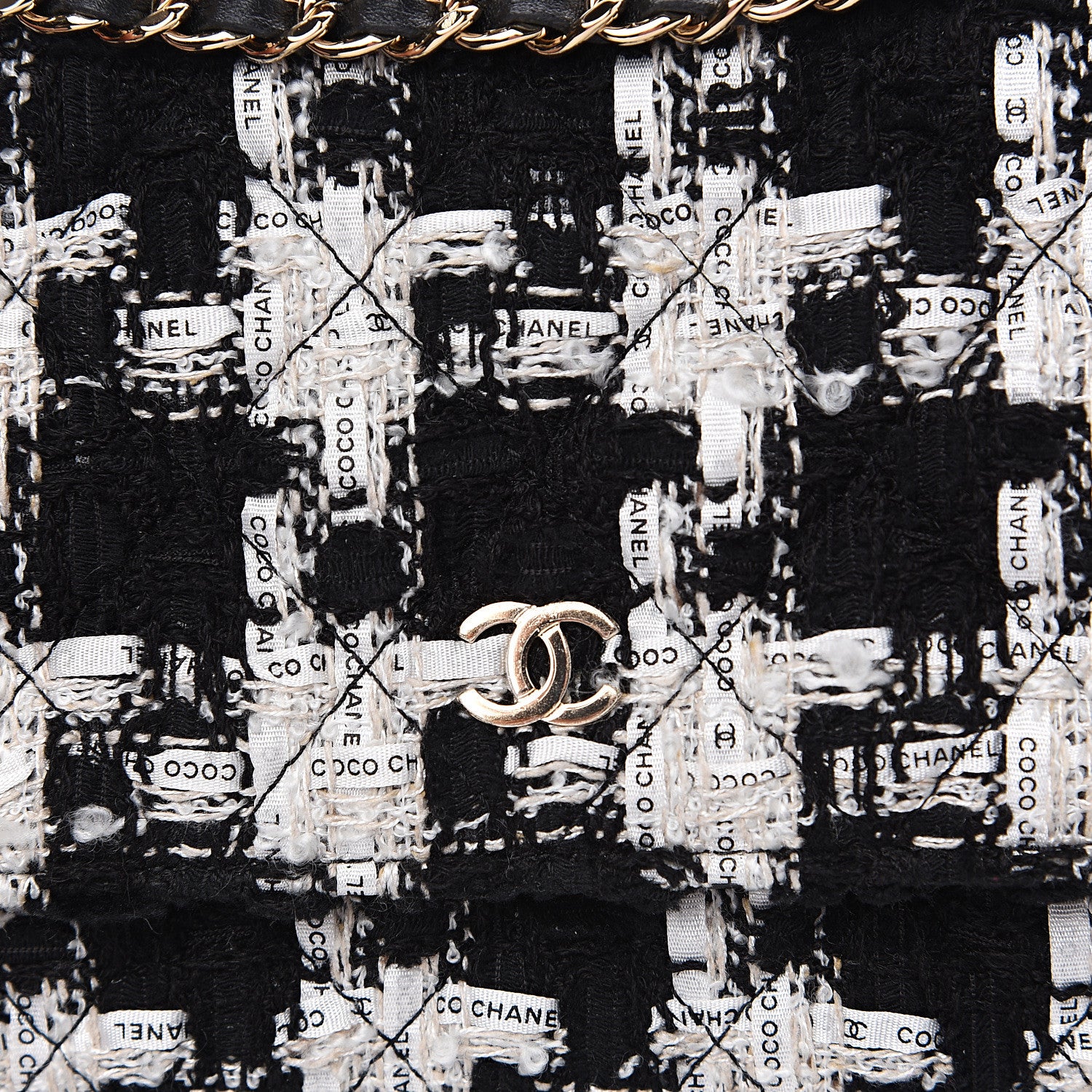 Chanel Tweed Quilted Wallet On Chain WOC Black Ecru White 10 of 11