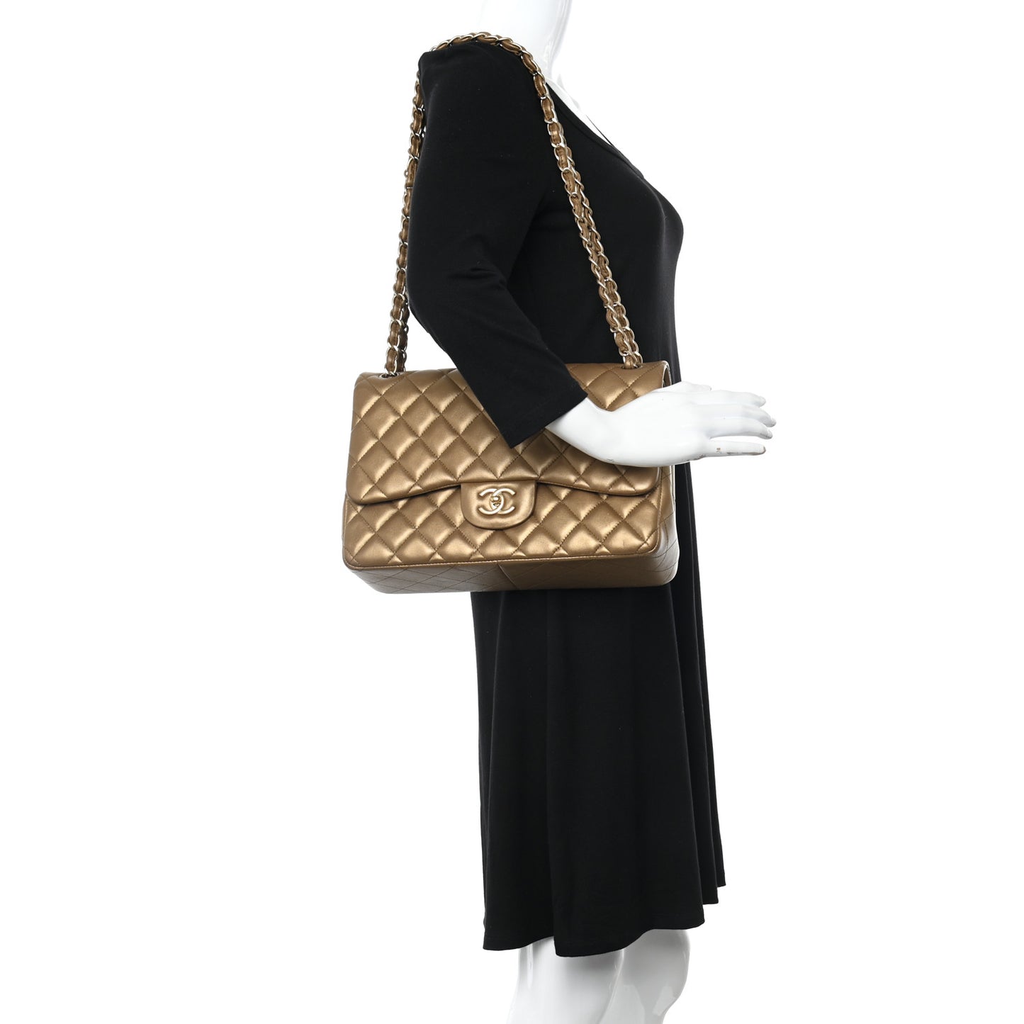 Metallic Lambskin Quilted Jumbo Double Flap Gold
