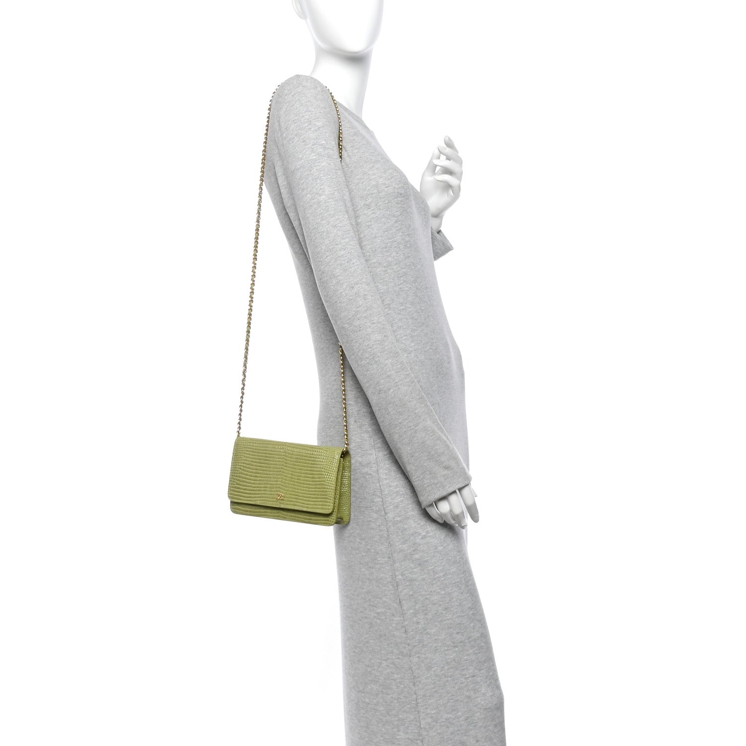 Chanel Calfskin Lizard Embossed Wallet On Chain WOC Green 2 of 11