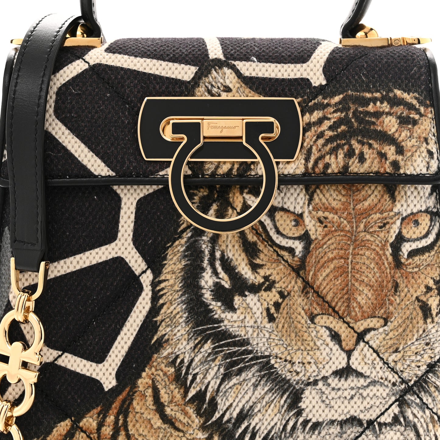 Canvas Calfskin Tiger Print Gancini Small 2-Way Iconic Top Handle Bag Black Multicolor