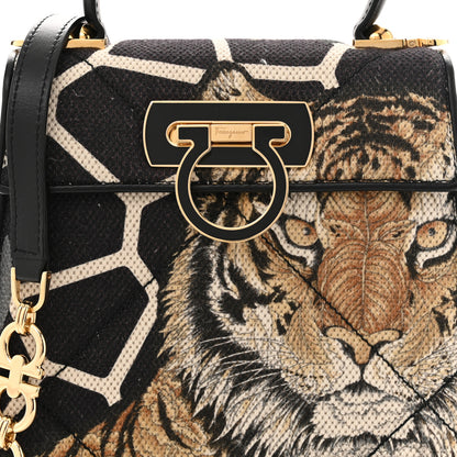 Salvatore Ferragamo Canvas Calfskin Tiger Print Gancini Small 2-Way Iconic Top Handle Bag Black Multicolor 8 of 11