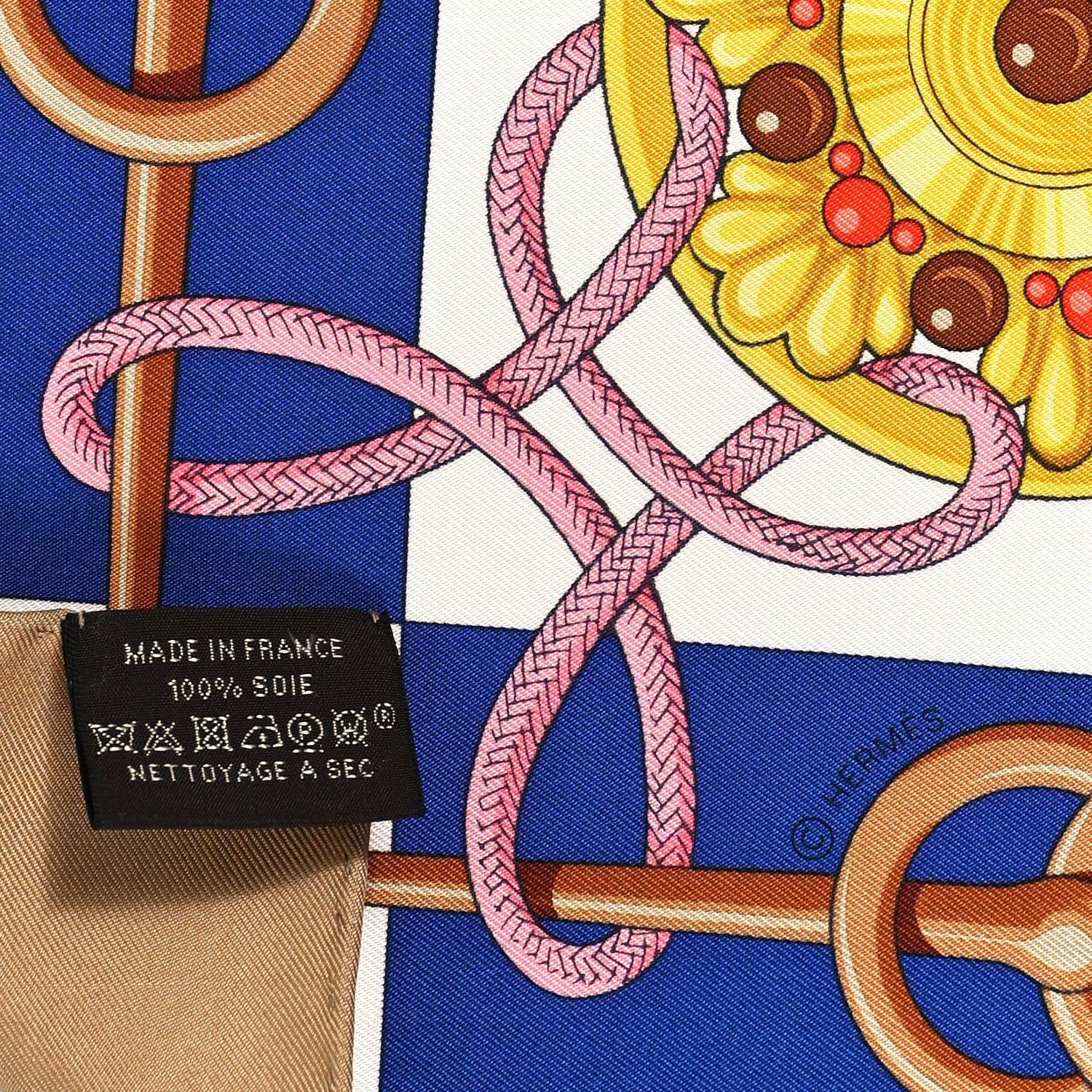 Hermes Silk Cliquetis Scarf 90 Camel Indigo Vieil 3 of 3