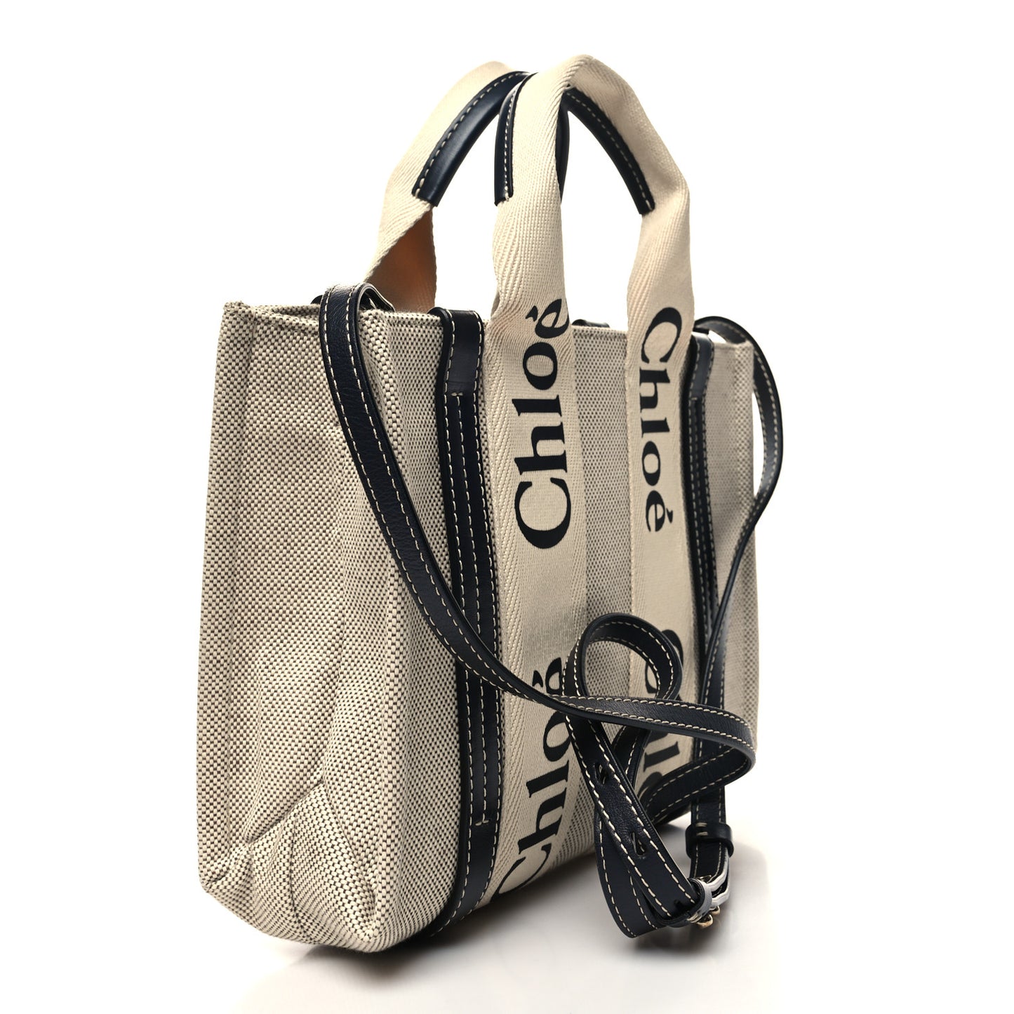 Cotton Calfskin Small Woody Ribbon Tote With Strap White Navy