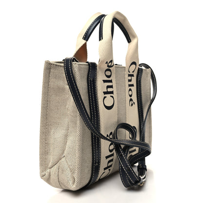 Chloe Cotton Calfskin Small Woody Ribbon Tote With Strap White Navy 3 of 10
