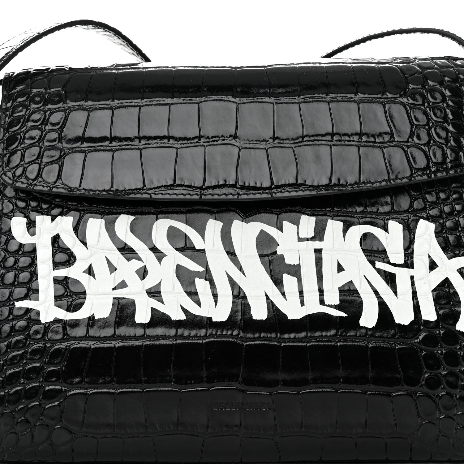 Balenciaga Shiny Calfskin Graffiti Logo Crocodile Embossed Medium Ghost Shoulder Bag Black White 8 of 13