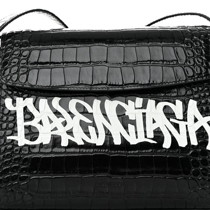 Balenciaga Shiny Calfskin Graffiti Logo Crocodile Embossed Medium Ghost Shoulder Bag Black White 8 of 13