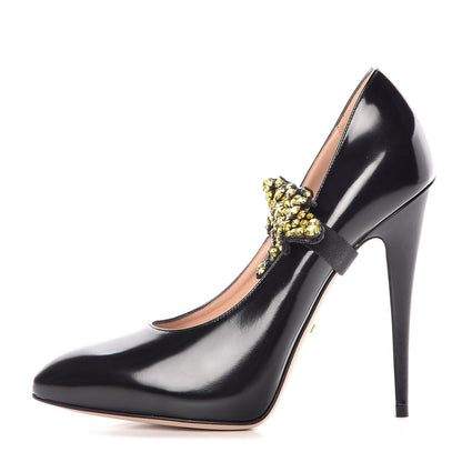 Gucci Polished Calfskin Removable Bee Elaisa Platform High Heel Pumps 39 Black 1 of 10